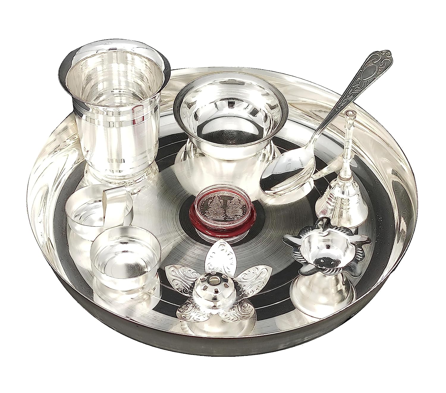 BENGALEN Silver Plated Pooja thali Set 9 Inch with Plate Bowl Agarbatti Stand Diya Kumkum Holder Coin Puja Thali for Home Mandir Office Wedding Return Diwali Gift Items