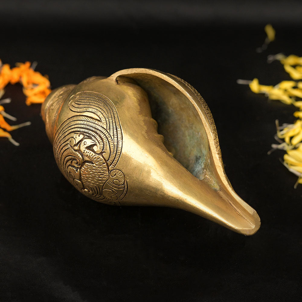 Brass Shankha Lord Vishnu Engraved Blowing Brass Shankh Conch Shell