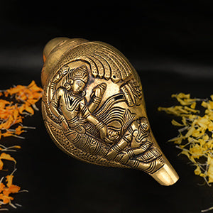 Brass Shankha Lord Vishnu Engraved Blowing Brass Shankh Conch Shell