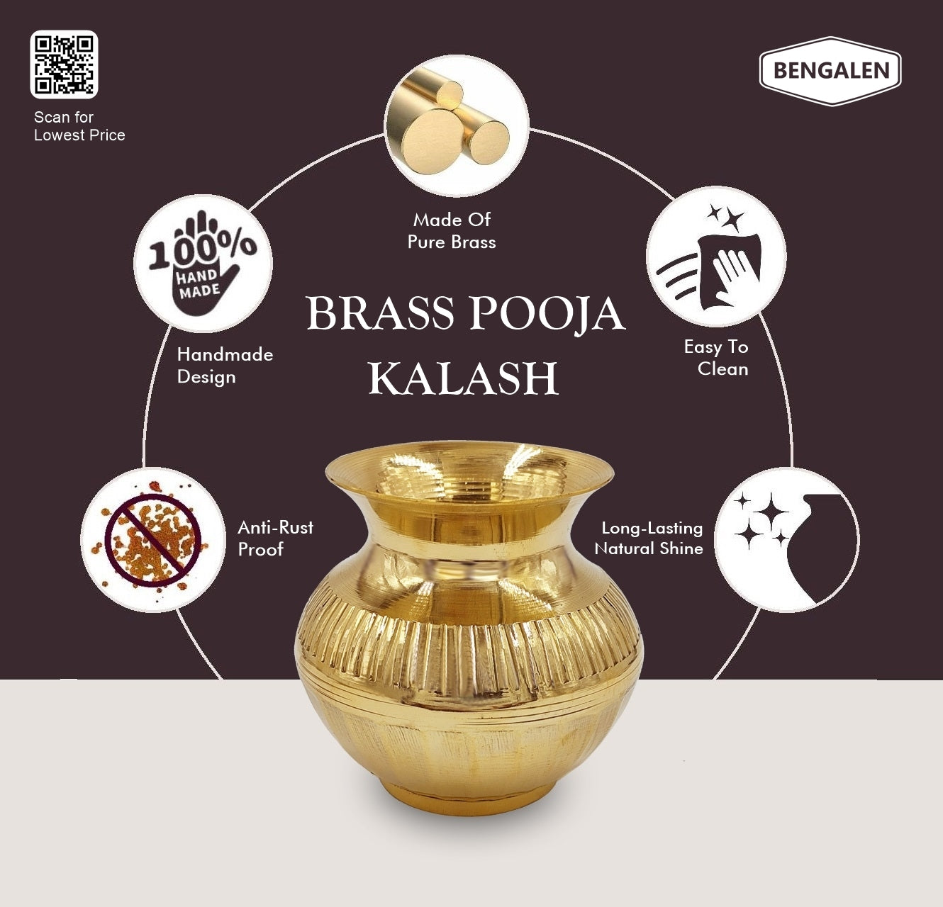 BENGALEN Brass Kalash Lota Gadwa Selai Design Pooja Articles for Home Temple Decorative Puja Items for Poojan Purpose Return Gift