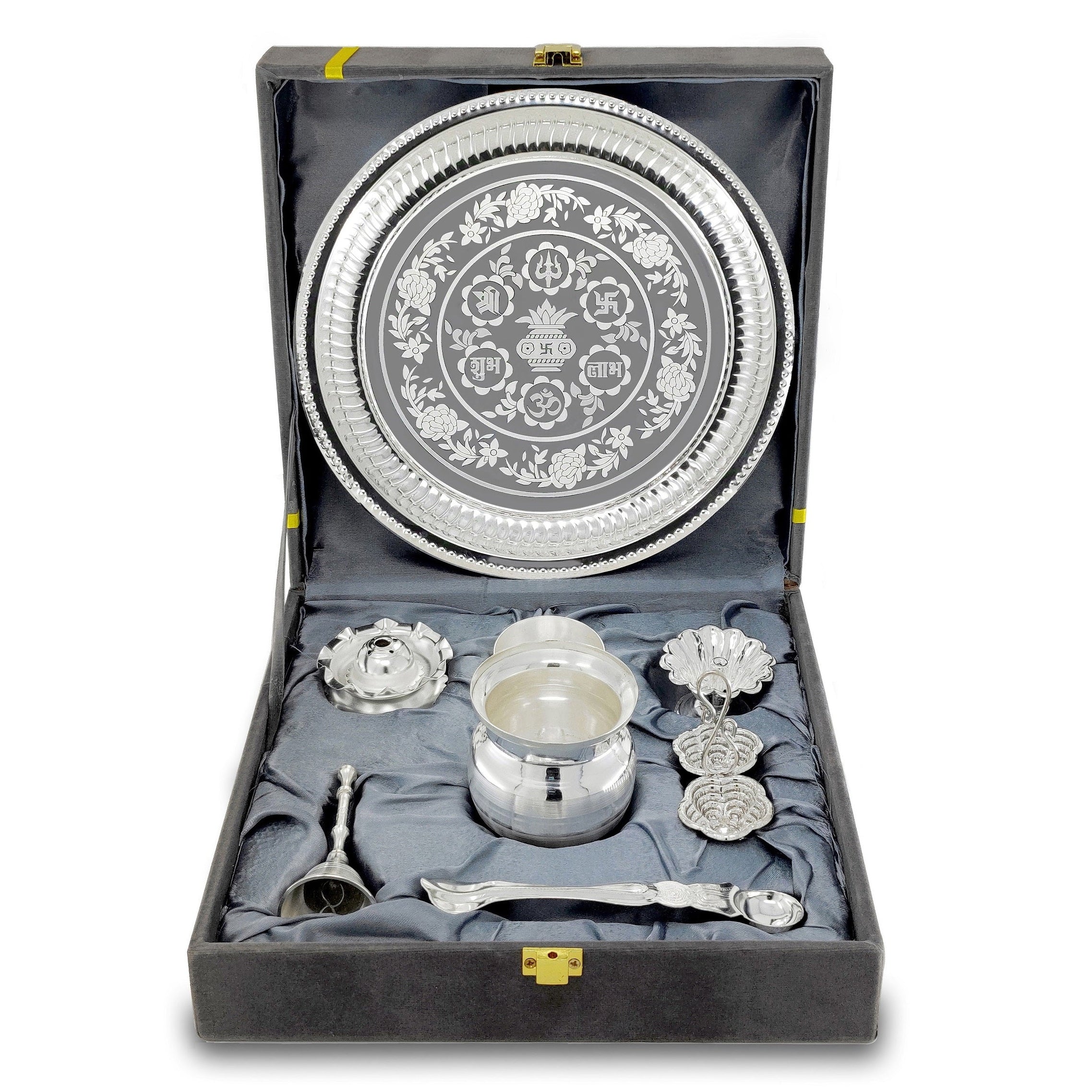 BENGALEN Pooja Thali Set Silver Plated with Grey Gift Box Puja Plate Devdas Diya Kalash Bowl Palli Haldi Kumkum Stand Dhup Dan Ghanti for Home Office Diwali Wedding Return Gifts