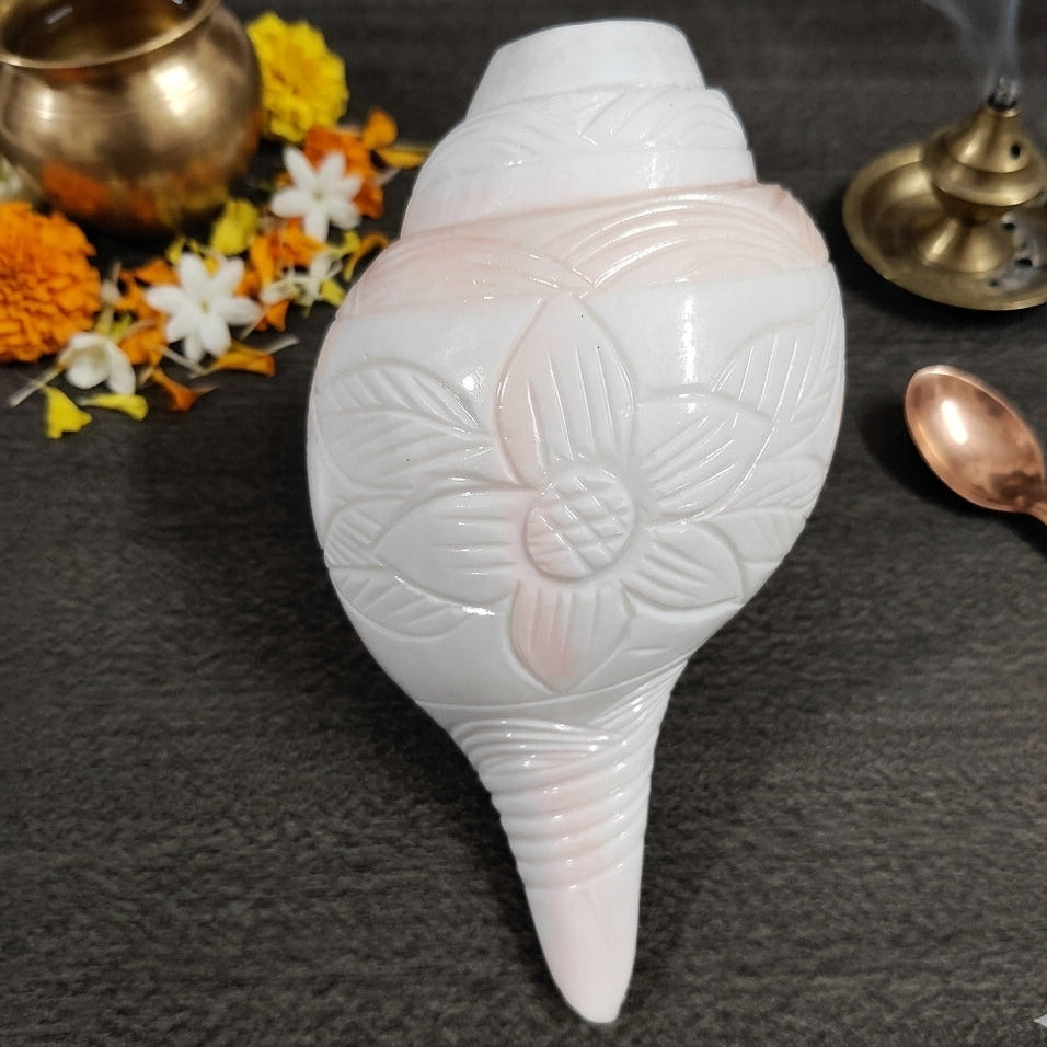 Shankha Regular Original Blowing Shankh, Natural White Conch Shell, Hand Carved Design