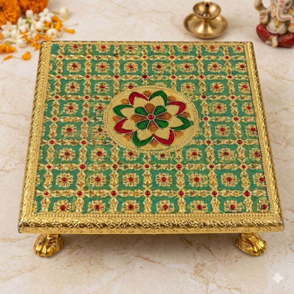 Puja Chowki Green Wooden Chowki Decorative Pooja Platform Handcrafted Pooja chowki for Mandir