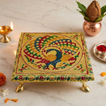 Chowki Meenakari Peacock Design Wooden Multi colour Puja Chowki Asan