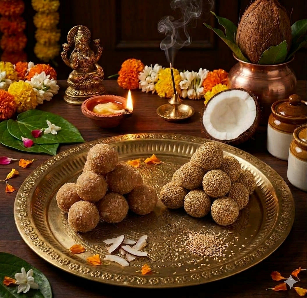 Narkel Naru Pack of 6 + Tiler Naru Pack of 10 | Bengali Sweet Laddu made with Coconut Sesame Gur Laddoo Indian Mithaai for Puja