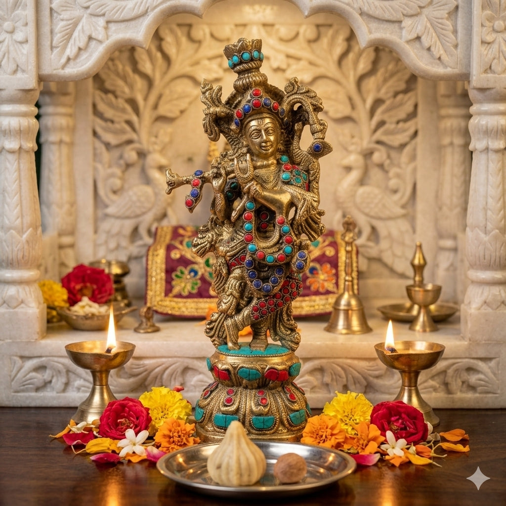 Krishna 12 Inch Murti Idol Statue Sculpture Brass- 12"