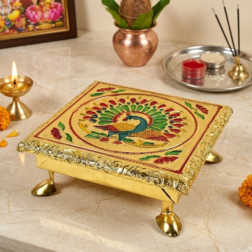 Chowki Meenakari Peacock Design Wooden Multi colour Puja Chowki Asan