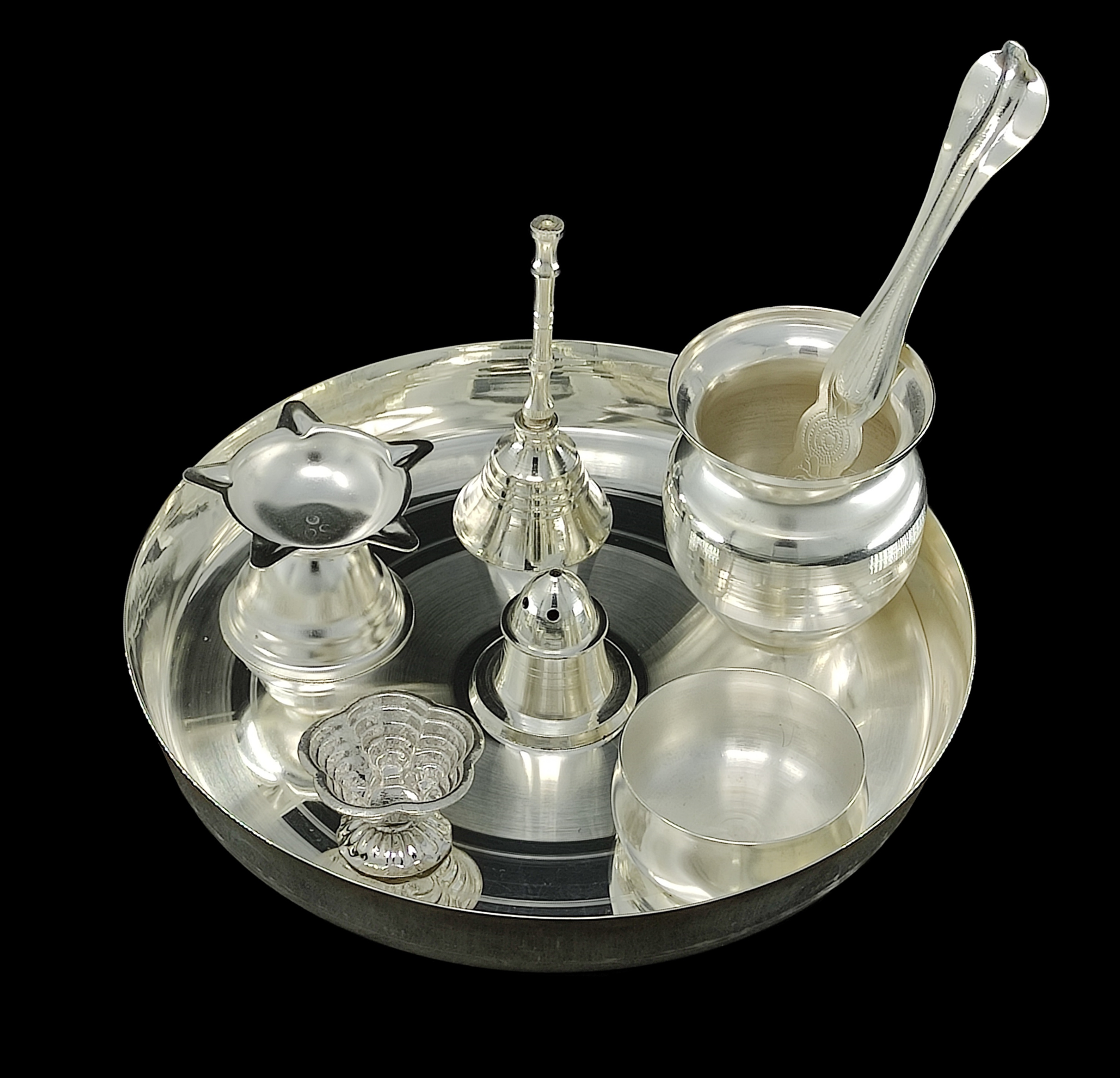 BENGALEN Silver Plated Pooja thali Set 7 Inch Plate Kalash Palli Diya Kumkum Stand Bowl Agarbatti Stand Daily Puja Thali for Diwali, Home, Temple, Office, Wedding Return Gift Items