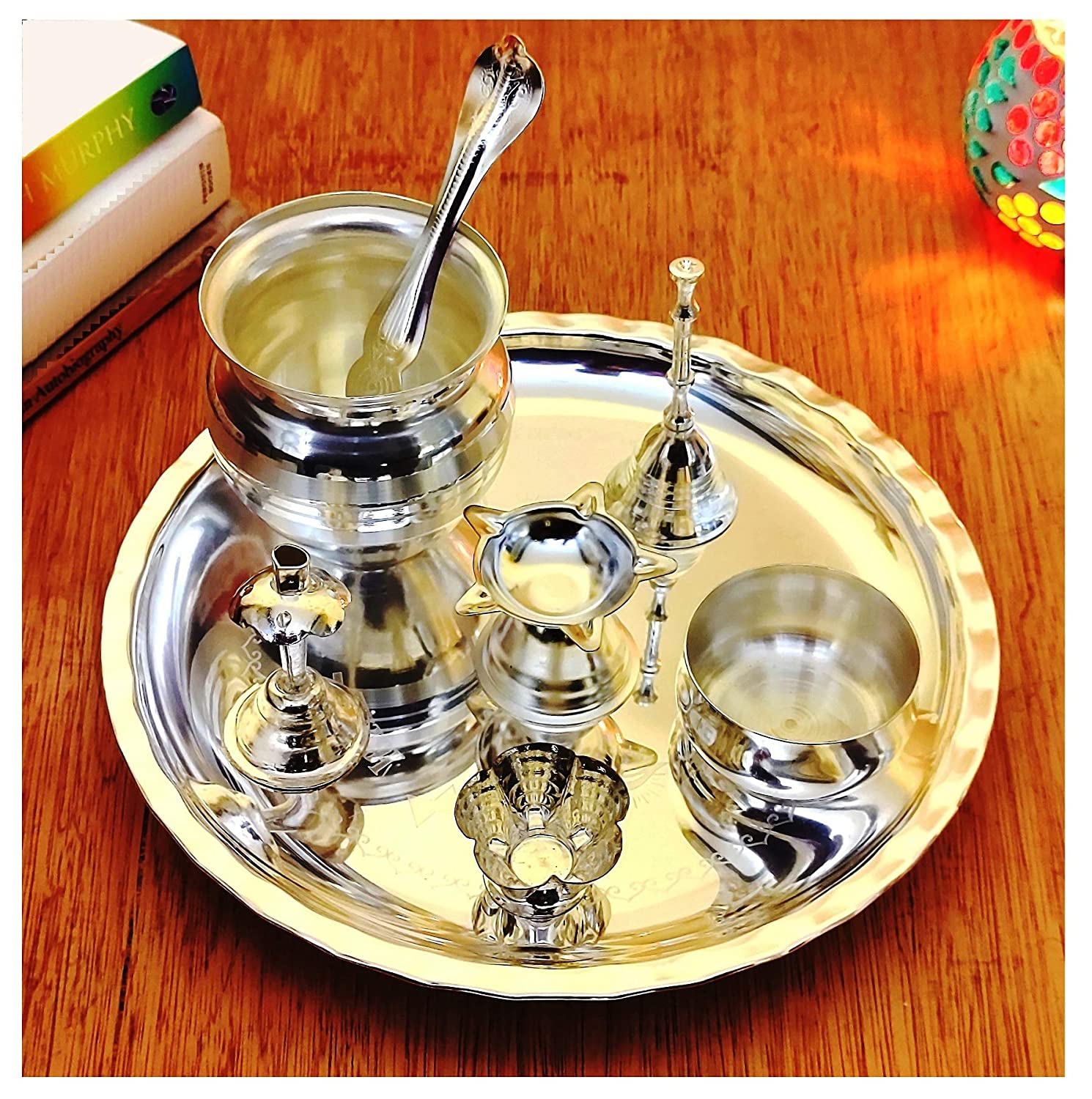 Bengalen Silver Plated Pooja thali Set 08 Inch Festival Ethnic Puja Thali Items for Home, Office, Mandir, Weeding Gift
