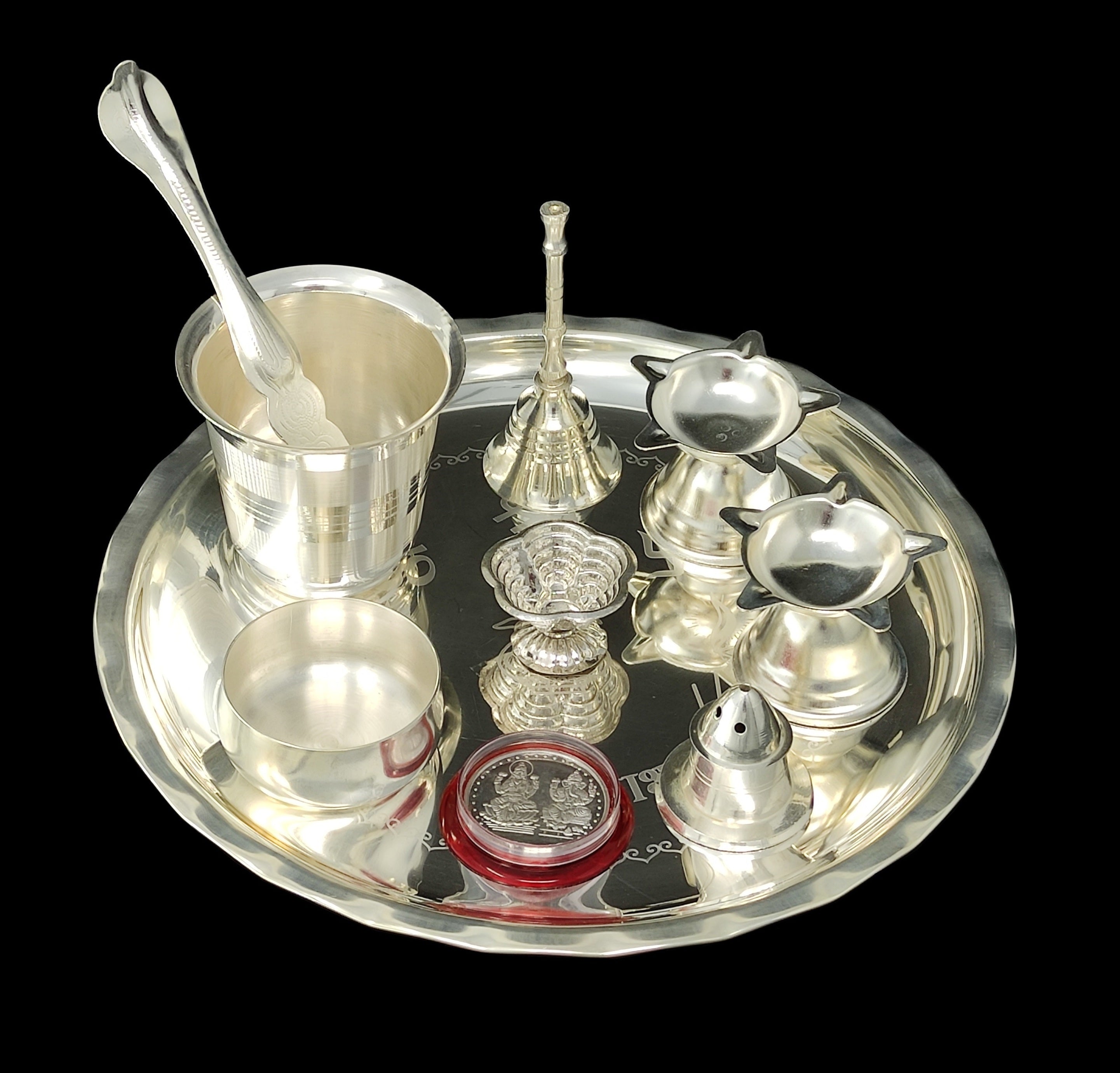 BENGALEN Silver Plated Pooja thali Set 8 Inch Plate Coin Glass Bowl Spoon Ghanti Diya Agarbatti Stand Puja Thali Decorative for Diwali Daily Home Mandir Office Wedding Return Gift Items