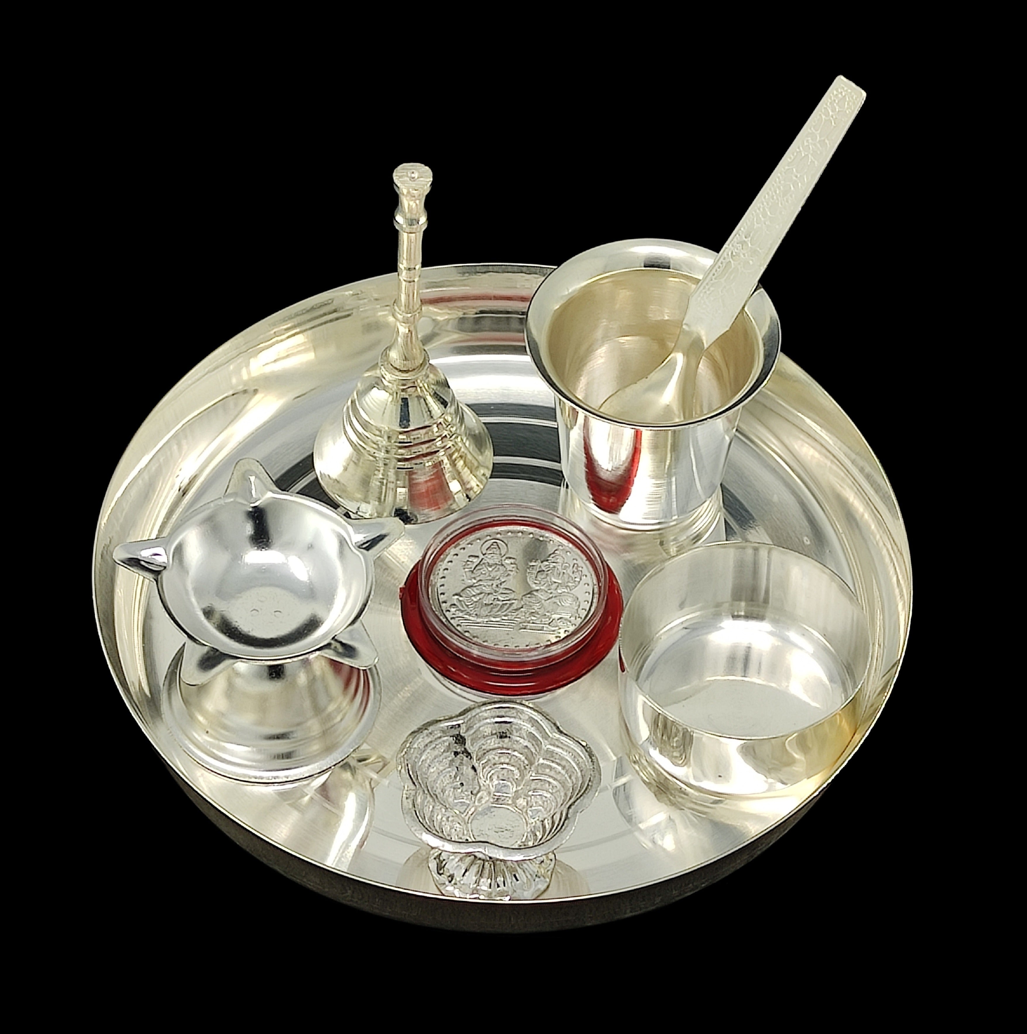 BENGALEN Silver Plated Pooja Thali Set 6 Inch Ganesh Lakshmi Coin Bowl Glass Spoon Ghanti Diya Kumkum Holder Puja Decorative Items for Home Mandir Office Wedding Return Gift Items