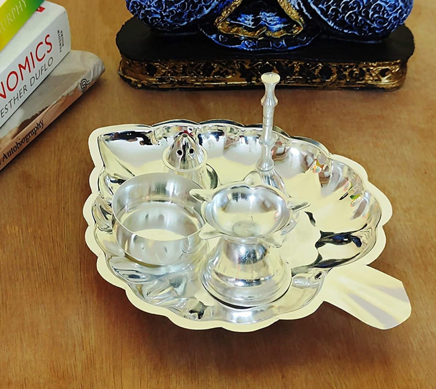 Bengalen Leaf Shaped Silver Plated Pooja thali Set for Festival Ethnic Puja Thali Gift for Diwali, Home, Temple, Office, Wedding Gift