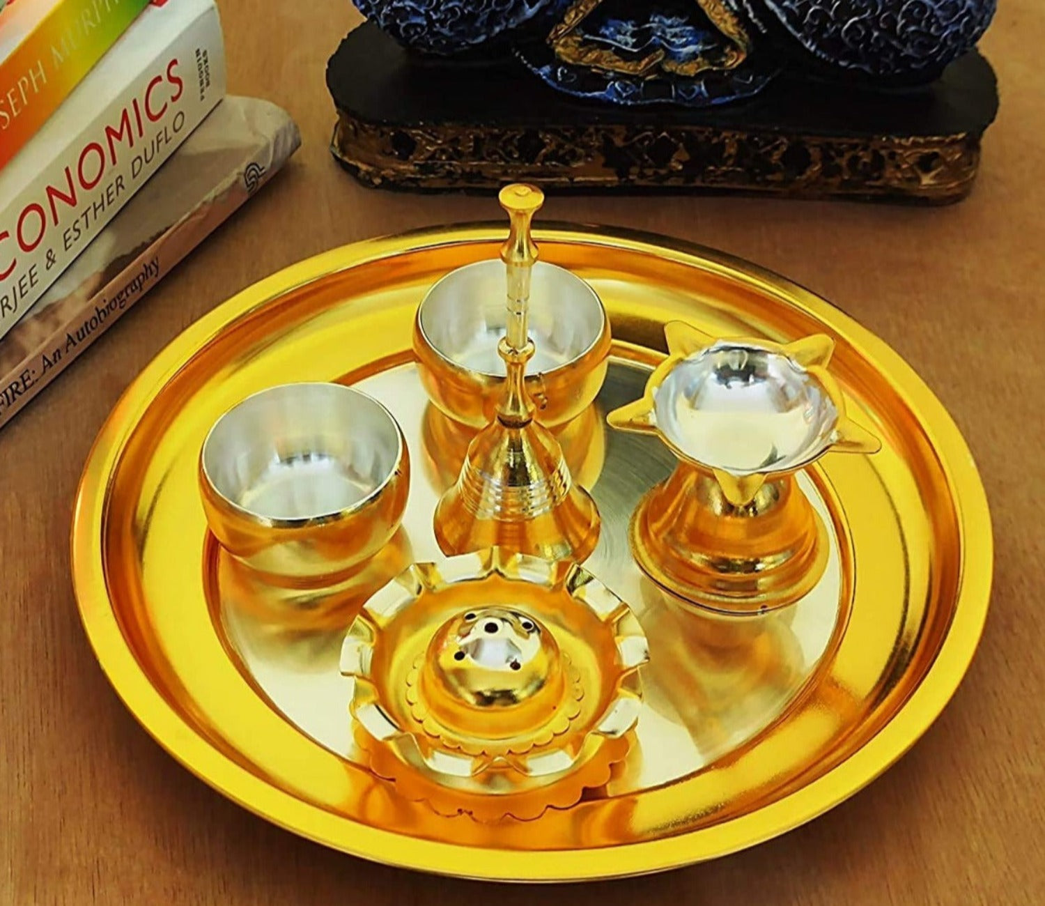 Bengalen Gold & Silver Plated Pooja thali Set 07 Inch Festival Ethnic Puja Thali, Gift for Home, Temple, Office, Wedding Gift