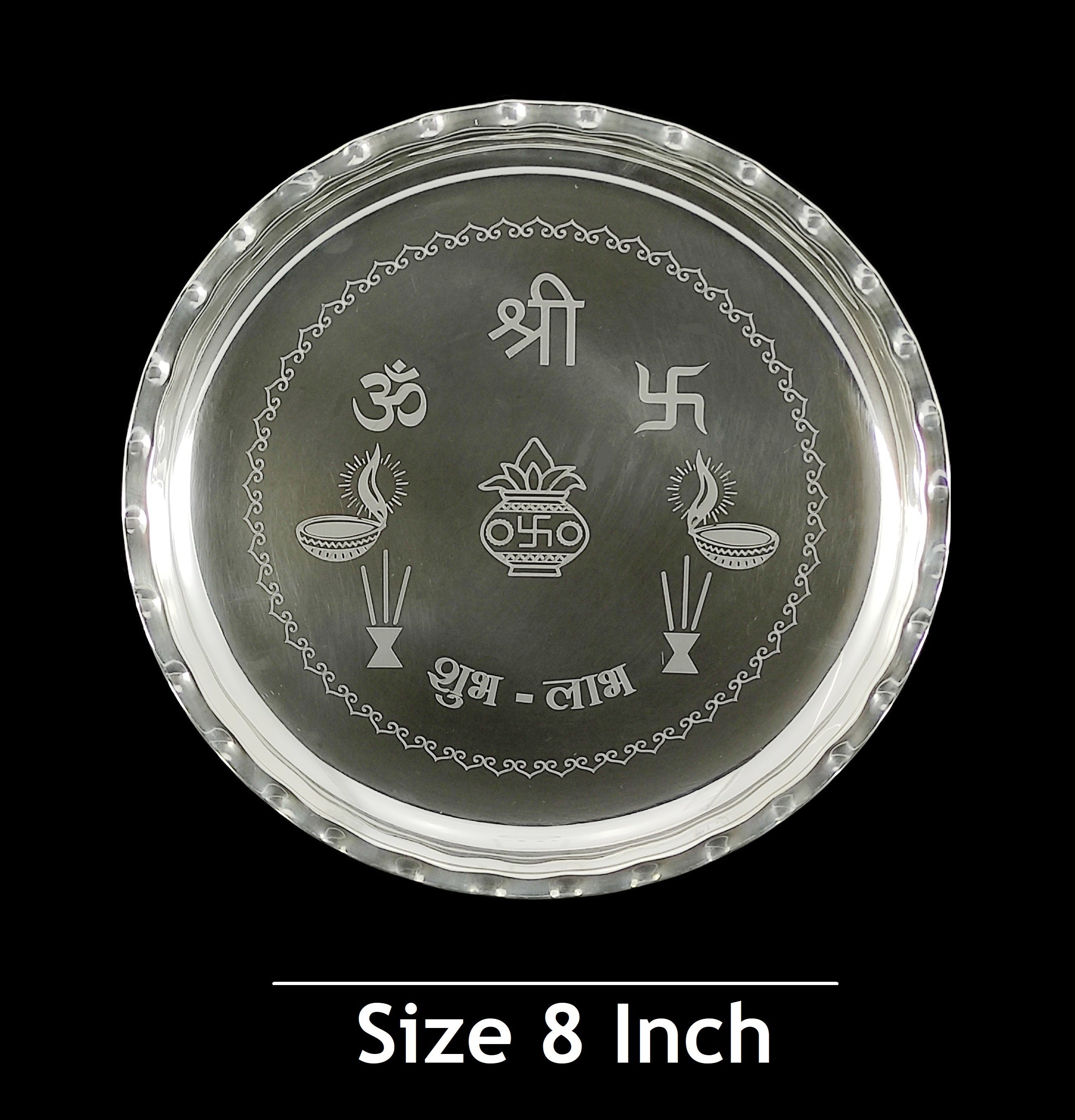 BENGALEN Silver Plated Pooja thali Set 8 Inch Plate Coin Glass Bowl Spoon Ghanti Diya Agarbatti Stand Puja Thali Decorative for Diwali Daily Home Mandir Office Wedding Return Gift Items