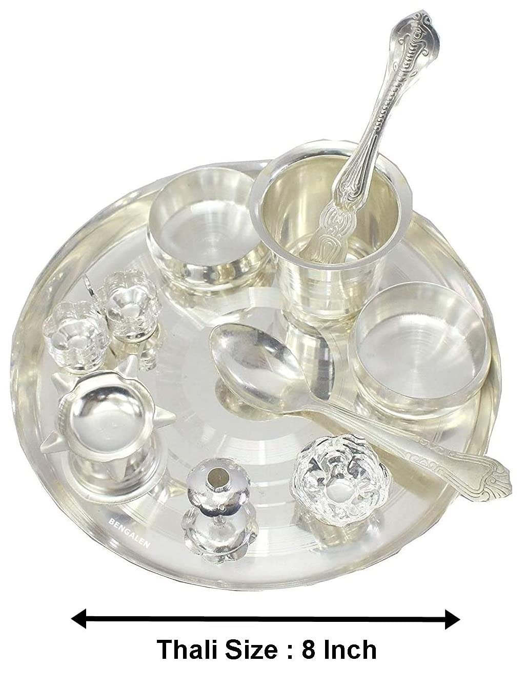 Bengalen Silver Plated Pooja thali Set 8 Inch Festival Ethnic Puja Thali Gift for Diwali, Home, Temple, Office, Wedding Gift