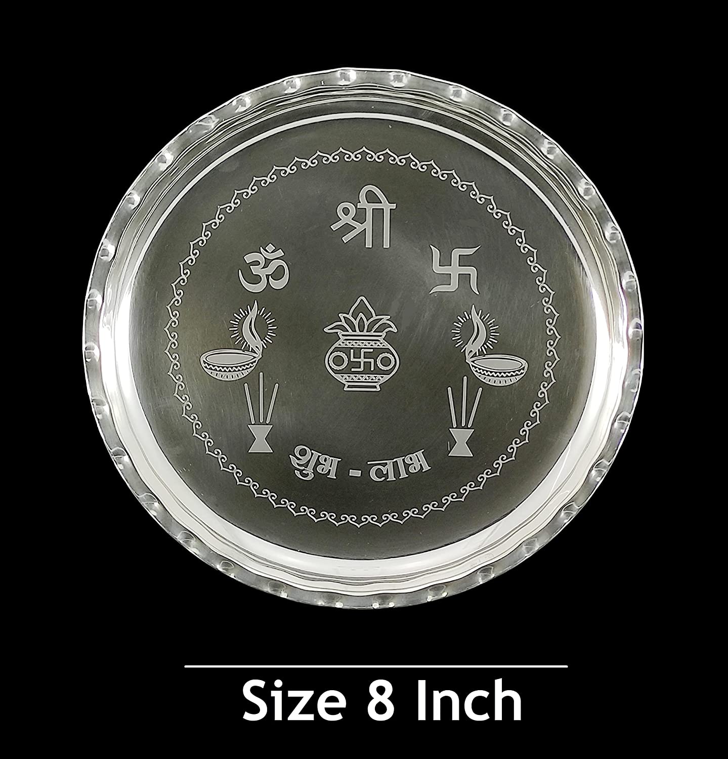 BENGALEN Silver Plated Pooja thali Set 8 Inch Plate Glash Spoon Diya Kumkum Stand Bowl Agarbatti Stand Daily Puja Thali for Diwali, Home, Temple, Office, Wedding Return Gift Items
