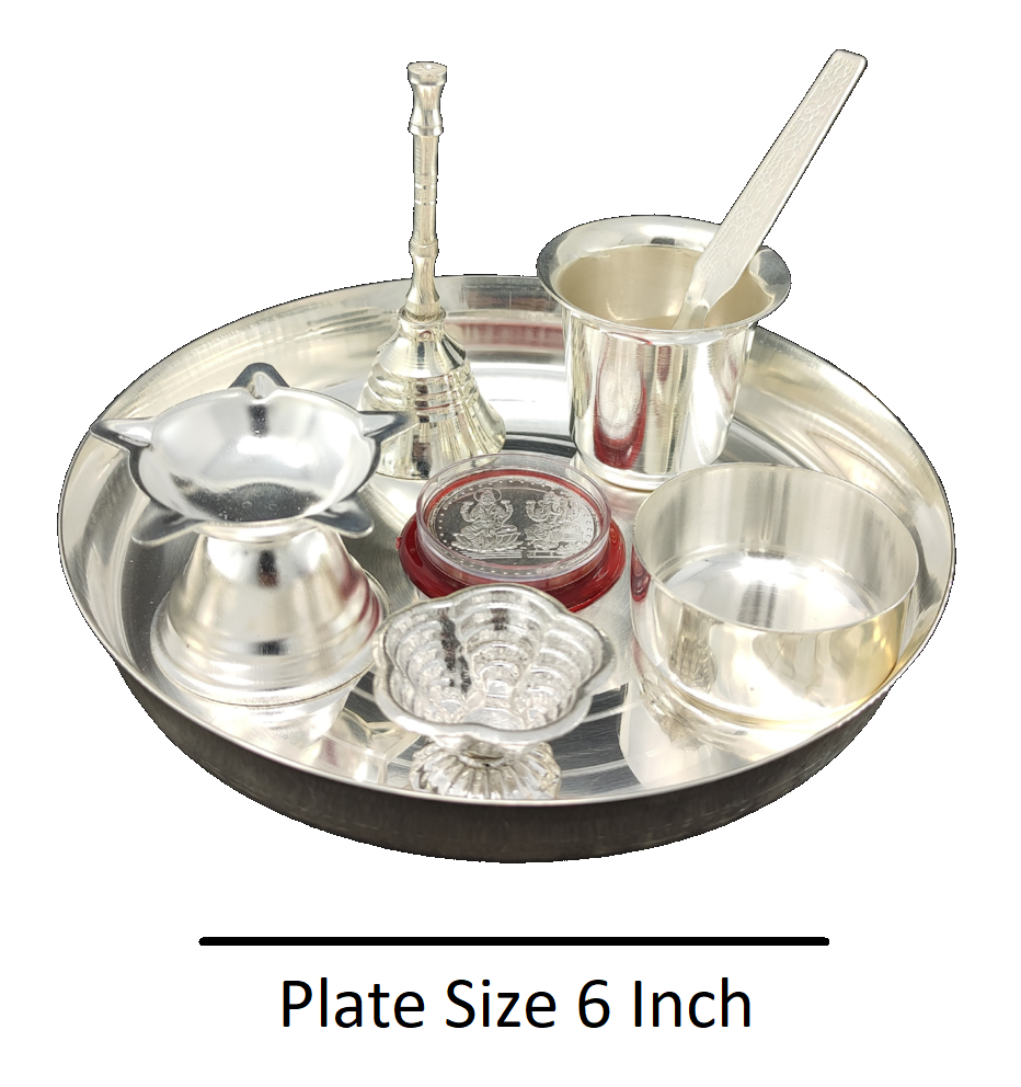 BENGALEN Silver Plated Pooja Thali Set 6 Inch Ganesh Lakshmi Coin Bowl Glass Spoon Ghanti Diya Kumkum Holder Puja Decorative Items for Home Mandir Office Wedding Return Gift Items