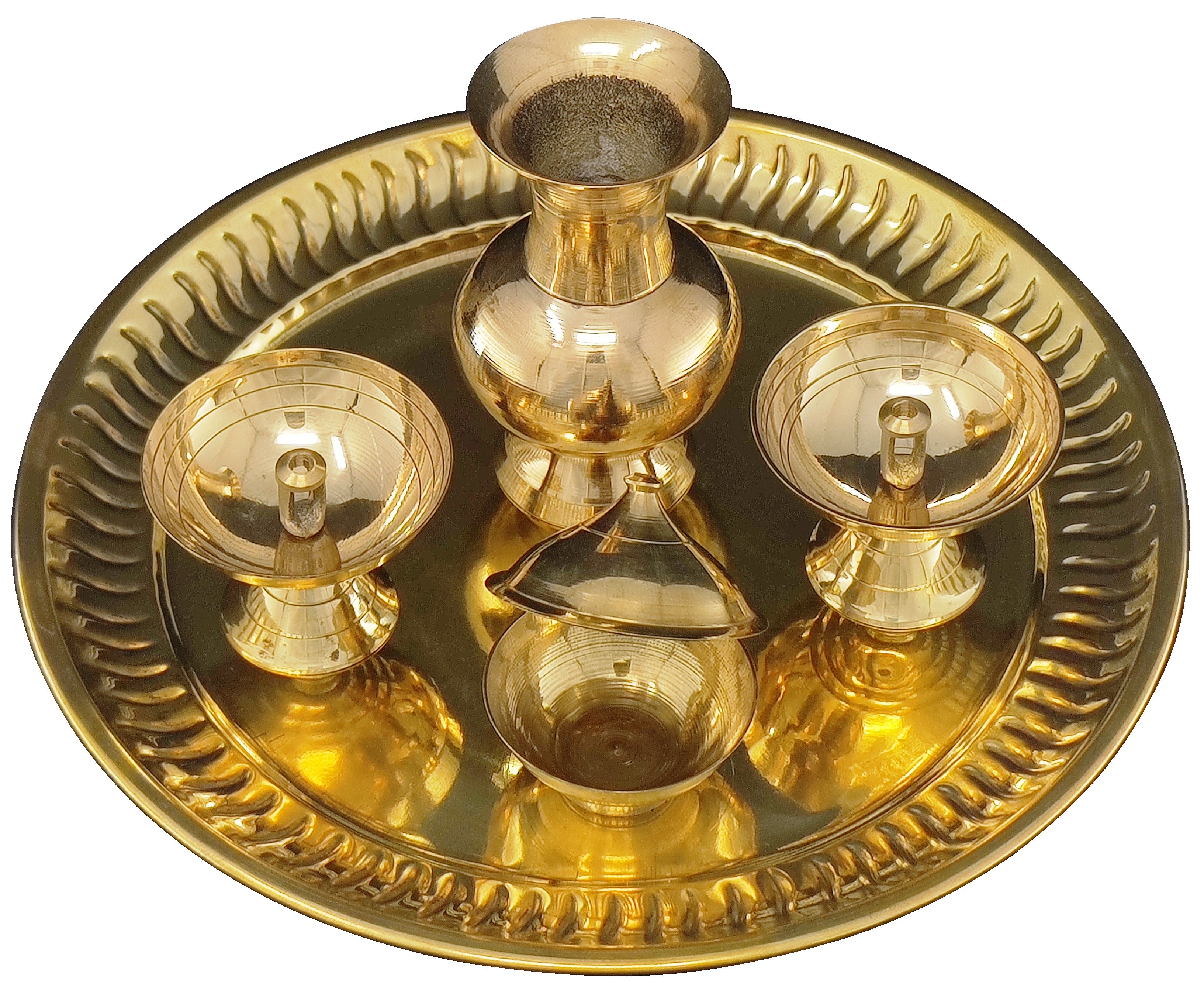 Bengalen Brass Pooja thali 8 Inch with Kalash Diya and other Accessories Festival Daily Puja Thali Set