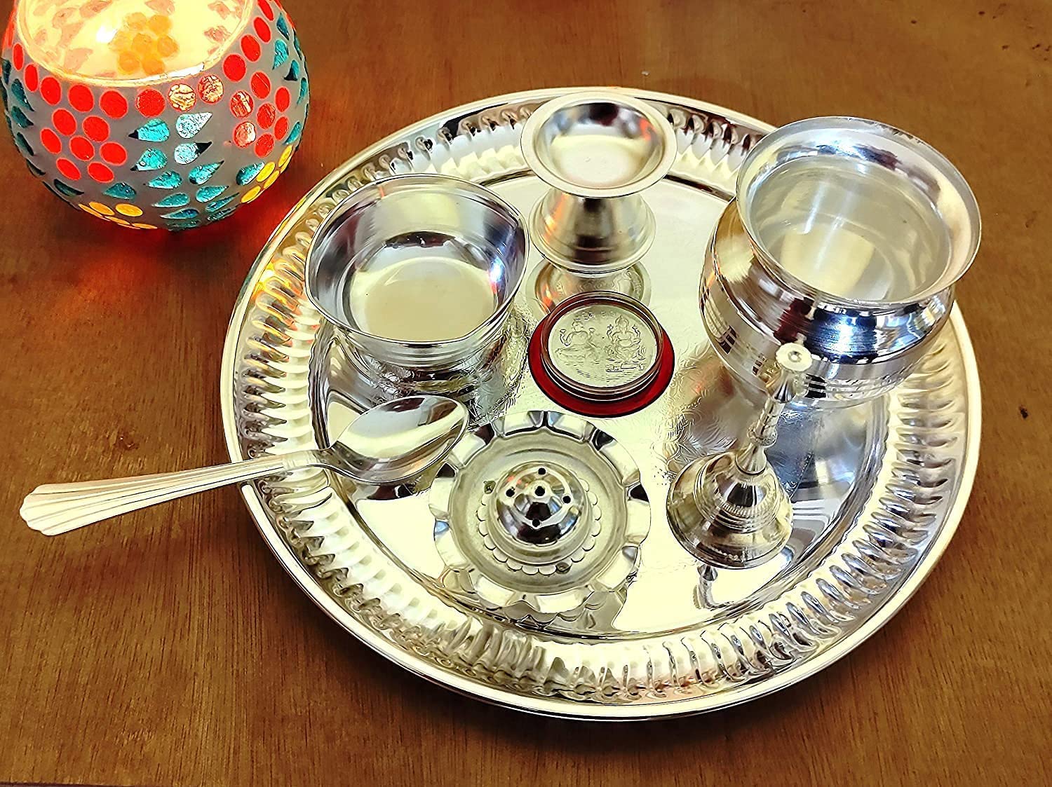 Bengalen Ganesh Lakshmi Design Silver Plated Premium Pooja Thali Set 8 Inch with Coin and Accessories for Festival Ethnic Puja Thali Gift Items