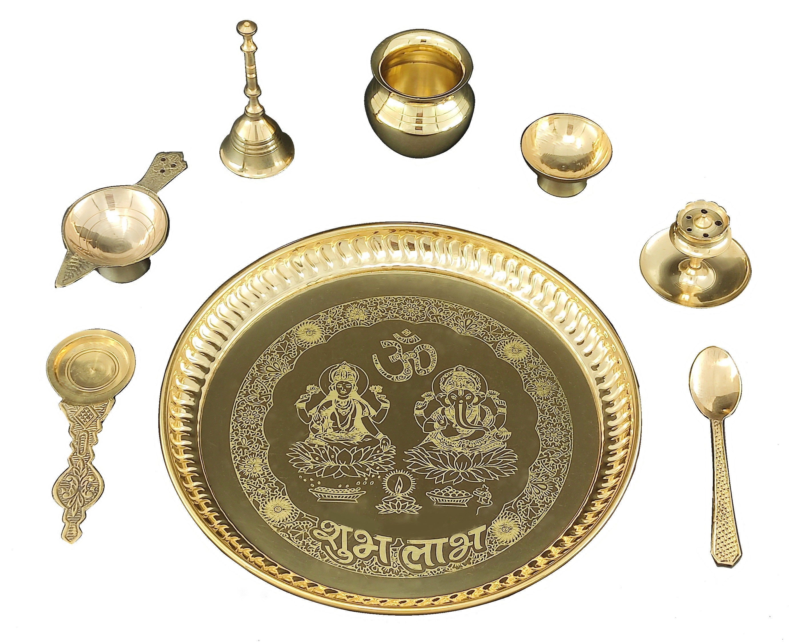 Bengalen Brass Pooja thali Set 8 Inch with Pital Plate Kalash Spoon Diya Bowl Dhup Dan Ghanti Kappur Arti Daily Puja Thali for Diwali Home Mandir Office Wedding Return Gift Items