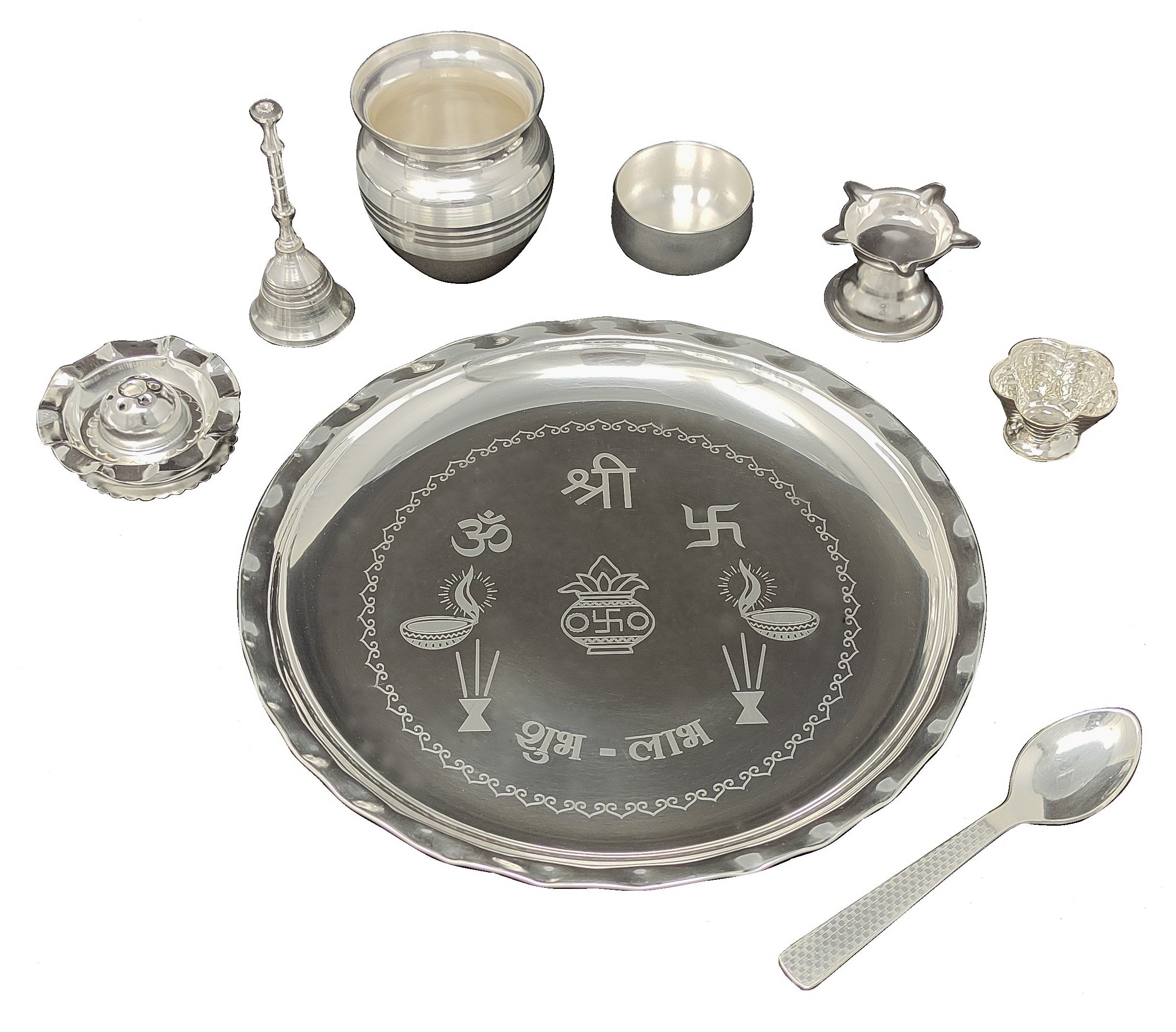 Bengalen Silver Plated Glossy Pooja thali Set 8 Inch for Mandir Temple Festival Ethnic Puja Thali Gift for Diwali, Home, Office, Wedding Gift