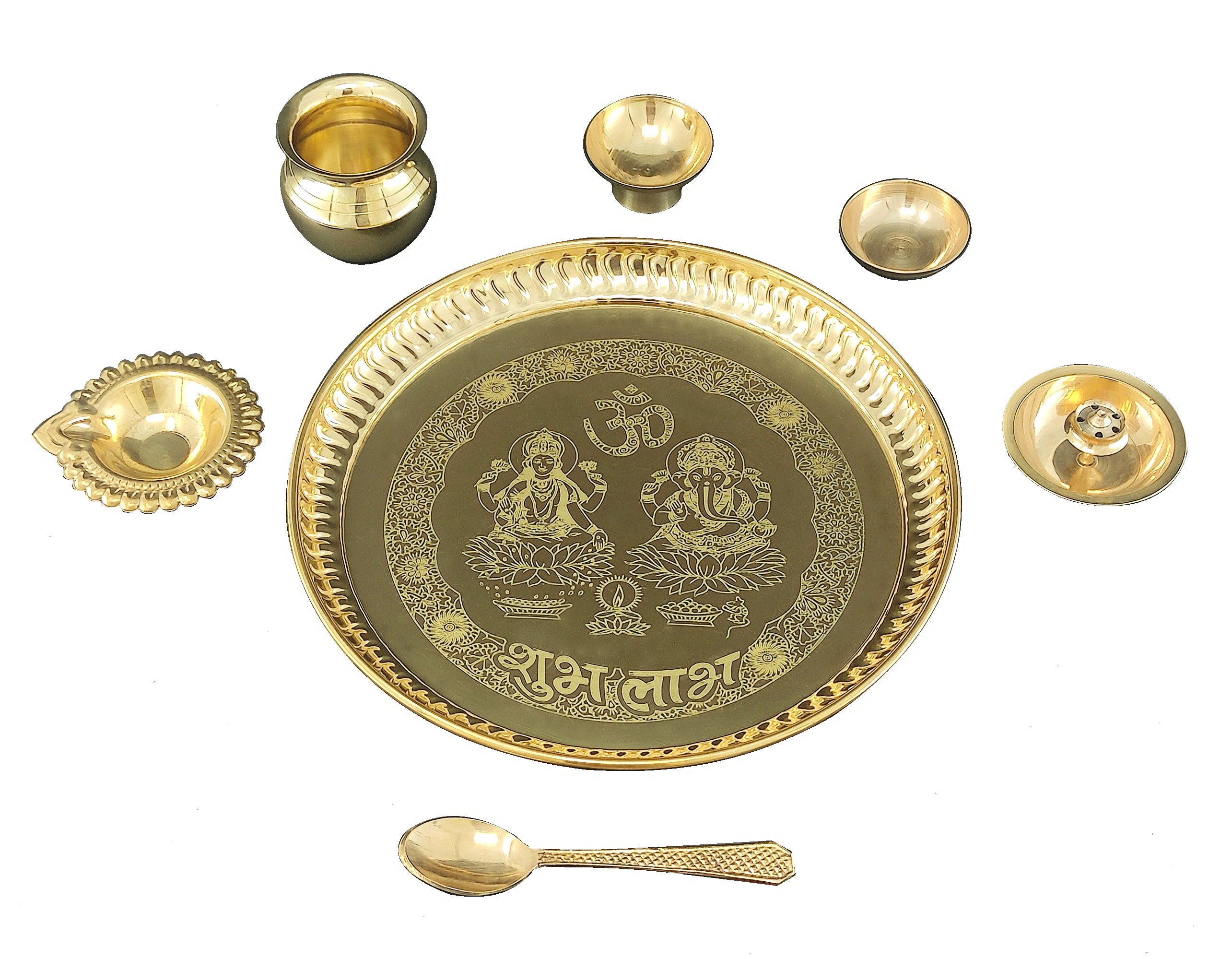Bengalen Brass Pooja thali Set 8 Inch with Pital Plate Kalash Spoon Diya Bowl Dhup Dan Ghanti Daily Puja Thali for Diwali Home Mandir Office Wedding Return Gift Items
