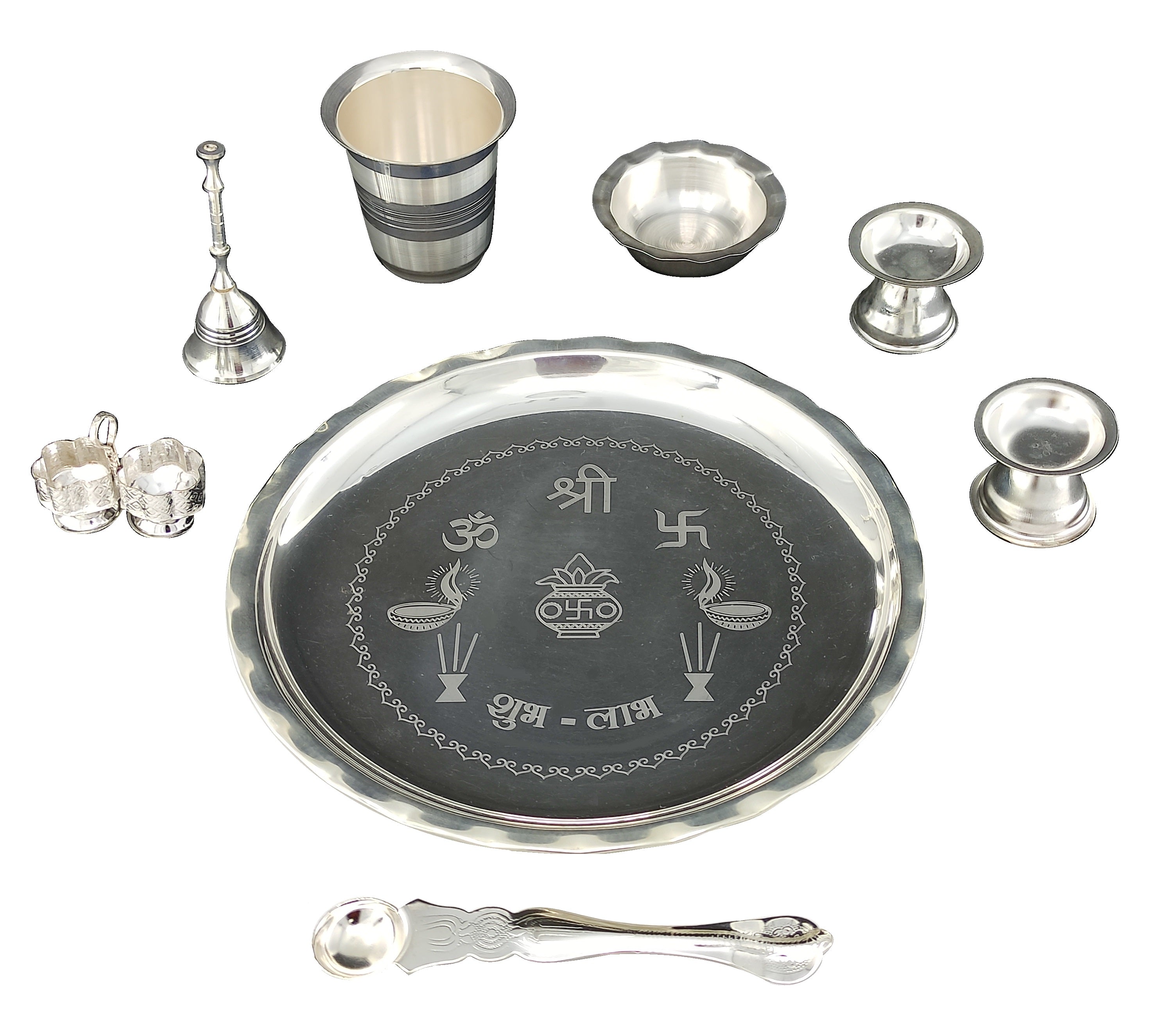 Bengalen Silver Plated Pooja thali Set 8 Inch with Plate Ghanti Bowl Palli Round Diya Kumkum Holder Puja Thali for Home Mandir Office Wedding Return Diwali Gift Items