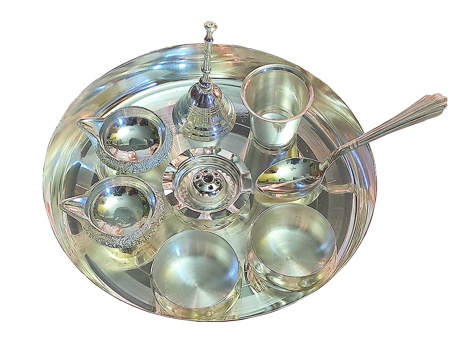 Bengalen Silver Plated Pooja Thali Set 08 Inch with Accessories Ethnic Puja Thali for Diwali, Home, Temple, Office, Wedding Gift