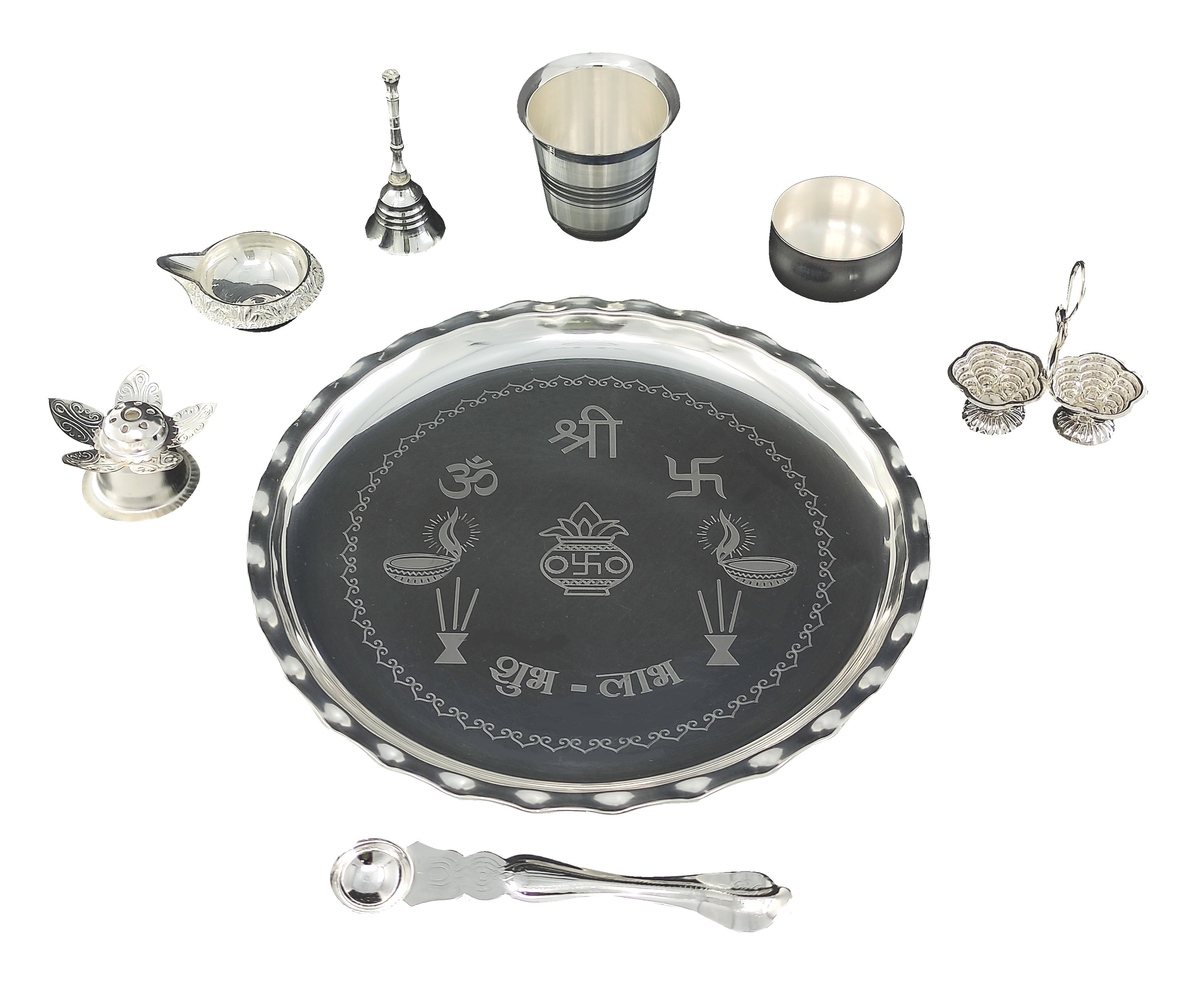 Bengalen Silver Plated Pooja thali Set 9.5 Inch with Plate Kuber Diya Haldi Kumkum Holder Glass Bowl Agarbatti Stand Ghanti Puja Thali for Home Mandir Office Diwali Wedding Return Gift Items