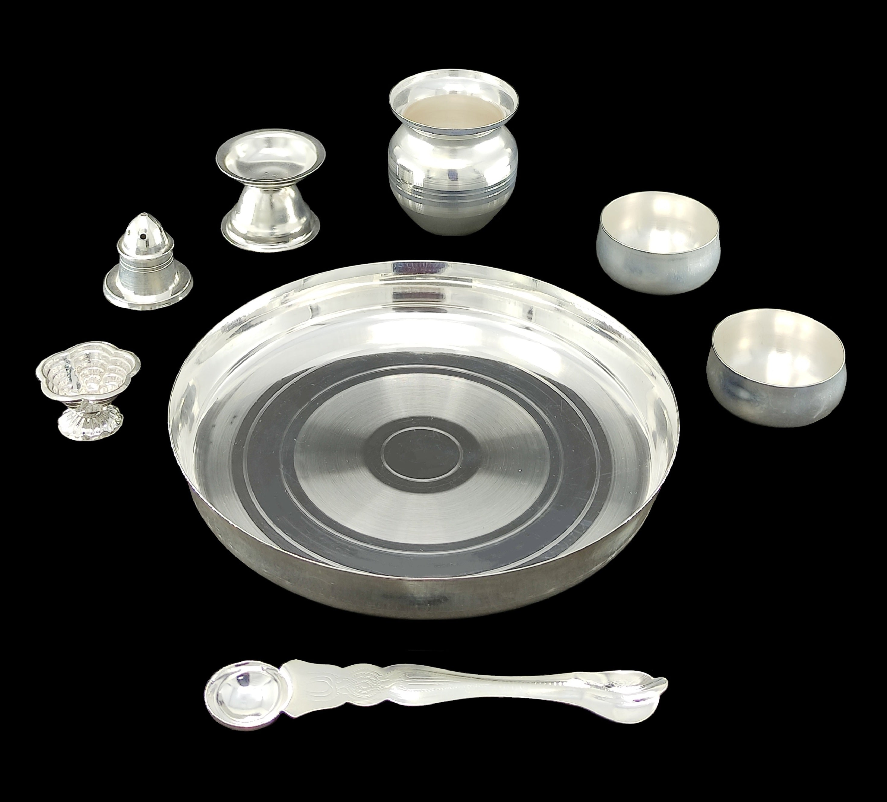 BENGALEN Silver Plated Pooja thali Set 7 Inch Plate Kalash Palli Diya Kumkum Stand Bowl Dhup Dan Daily Puja Thali for Diwali, Home, Temple, Office, Wedding Return Gift Items