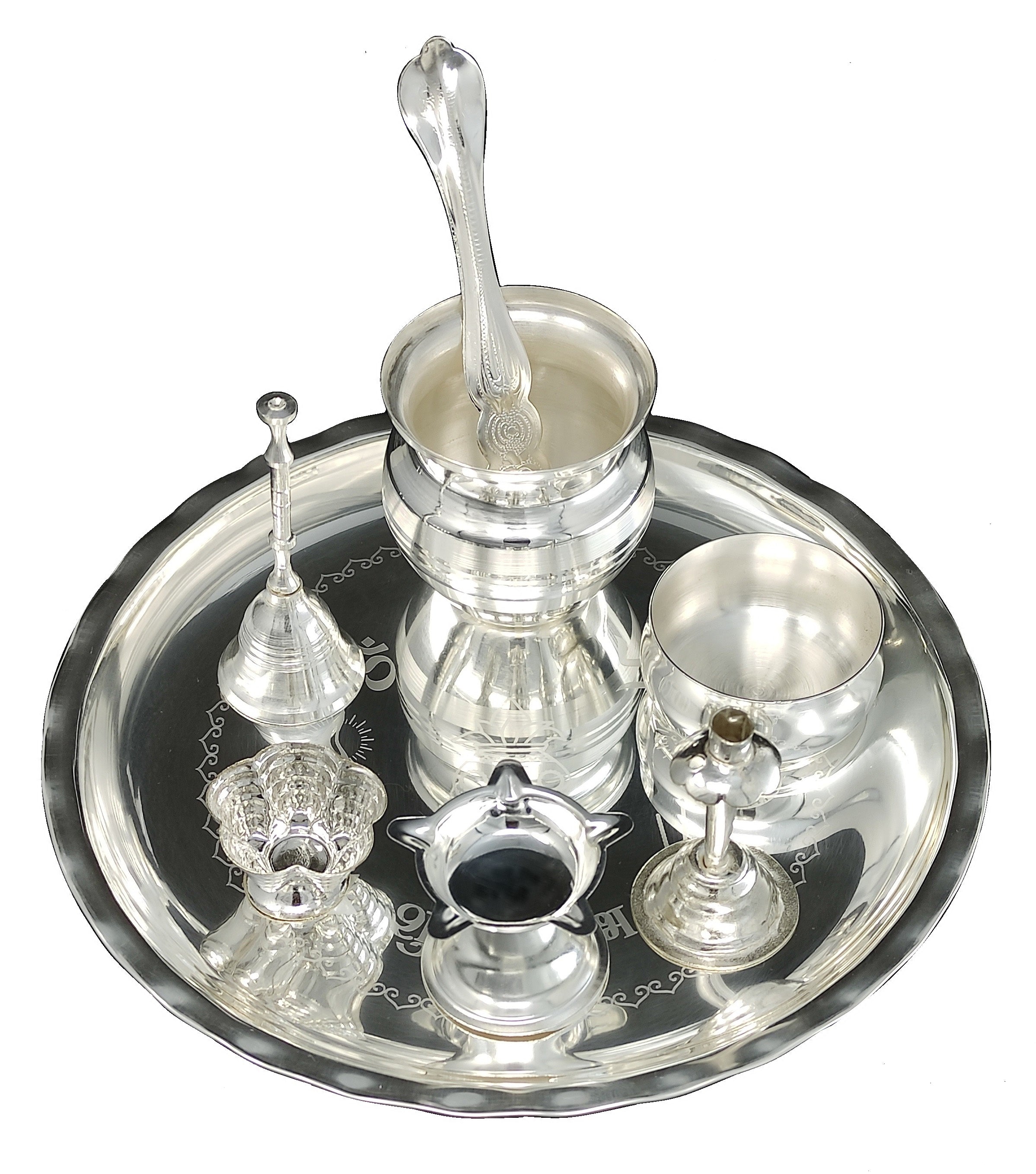 Bengalen Silver Plated Pooja thali Set 08 Inch Festival Ethnic Puja Thali Items for Home, Office, Mandir, Weeding Gift
