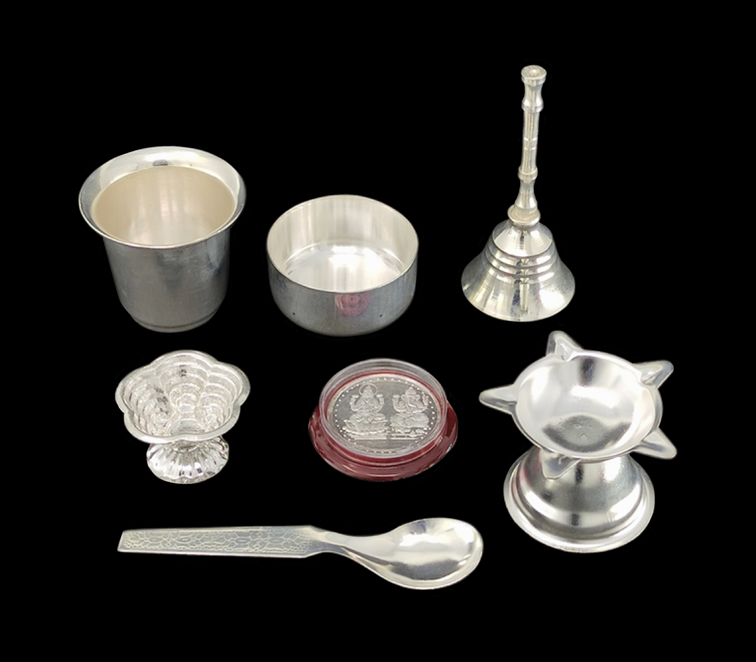 BENGALEN Silver Plated Pooja Thali Set 6 Inch Ganesh Lakshmi Coin Bowl Glass Spoon Ghanti Diya Kumkum Holder Puja Decorative Items for Home Mandir Office Wedding Return Gift Items