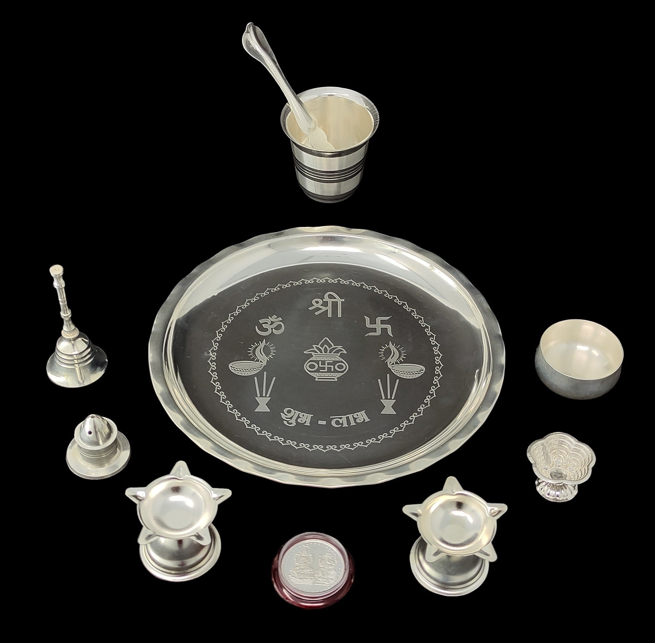 BENGALEN Silver Plated Pooja thali Set 8 Inch Plate Coin Glass Bowl Spoon Ghanti Diya Agarbatti Stand Puja Thali Decorative for Diwali Daily Home Mandir Office Wedding Return Gift Items