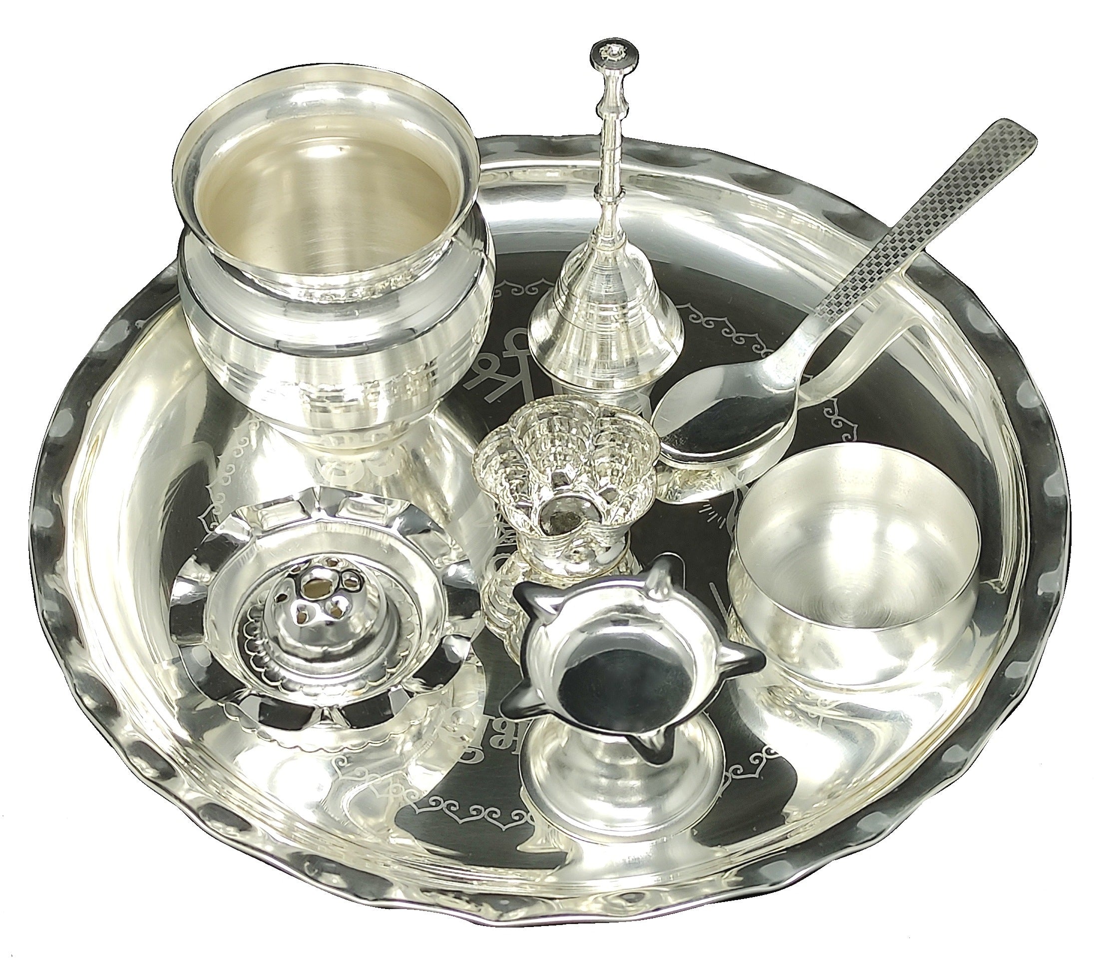 Bengalen Silver Plated Glossy Pooja thali Set 8 Inch for Mandir Temple Festival Ethnic Puja Thali Gift for Diwali, Home, Office, Wedding Gift