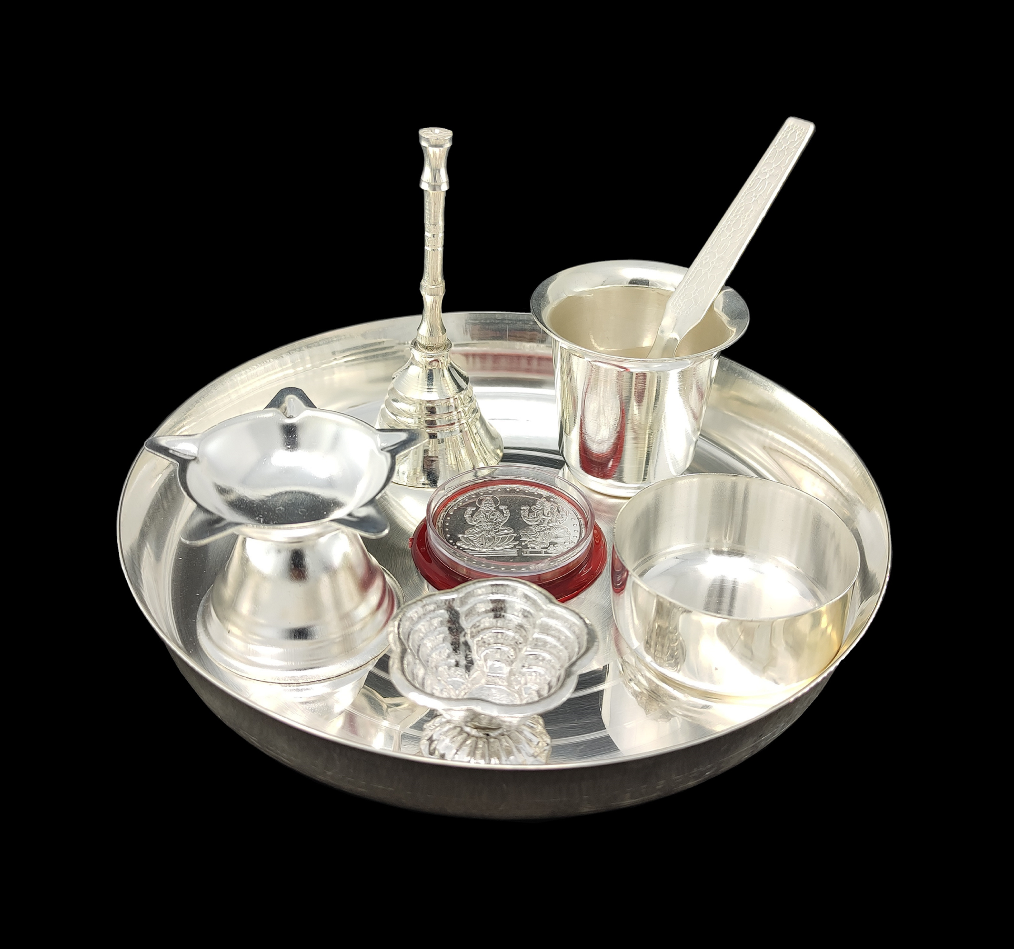 BENGALEN Silver Plated Pooja Thali Set 6 Inch Ganesh Lakshmi Coin Bowl Glass Spoon Ghanti Diya Kumkum Holder Puja Decorative Items for Home Mandir Office Wedding Return Gift Items