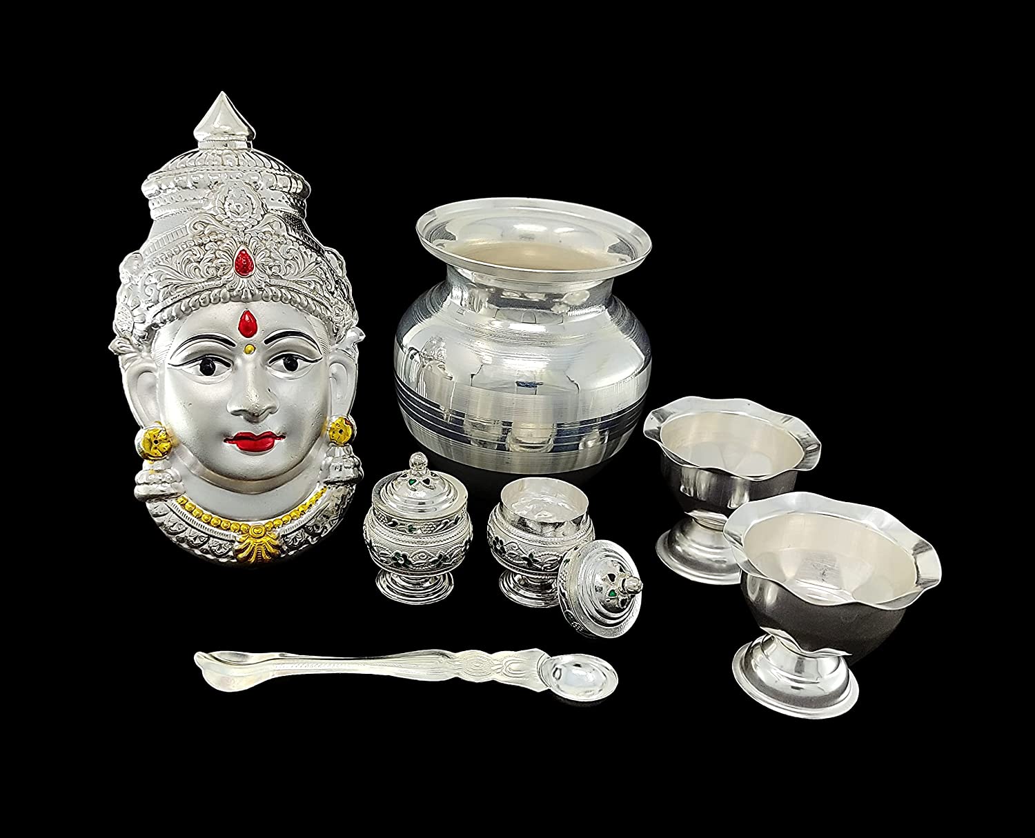 Bengalen Silver Plated Pooja thali Set with Lakshmi Devi Mukhota Varalakshmi Idol Statue