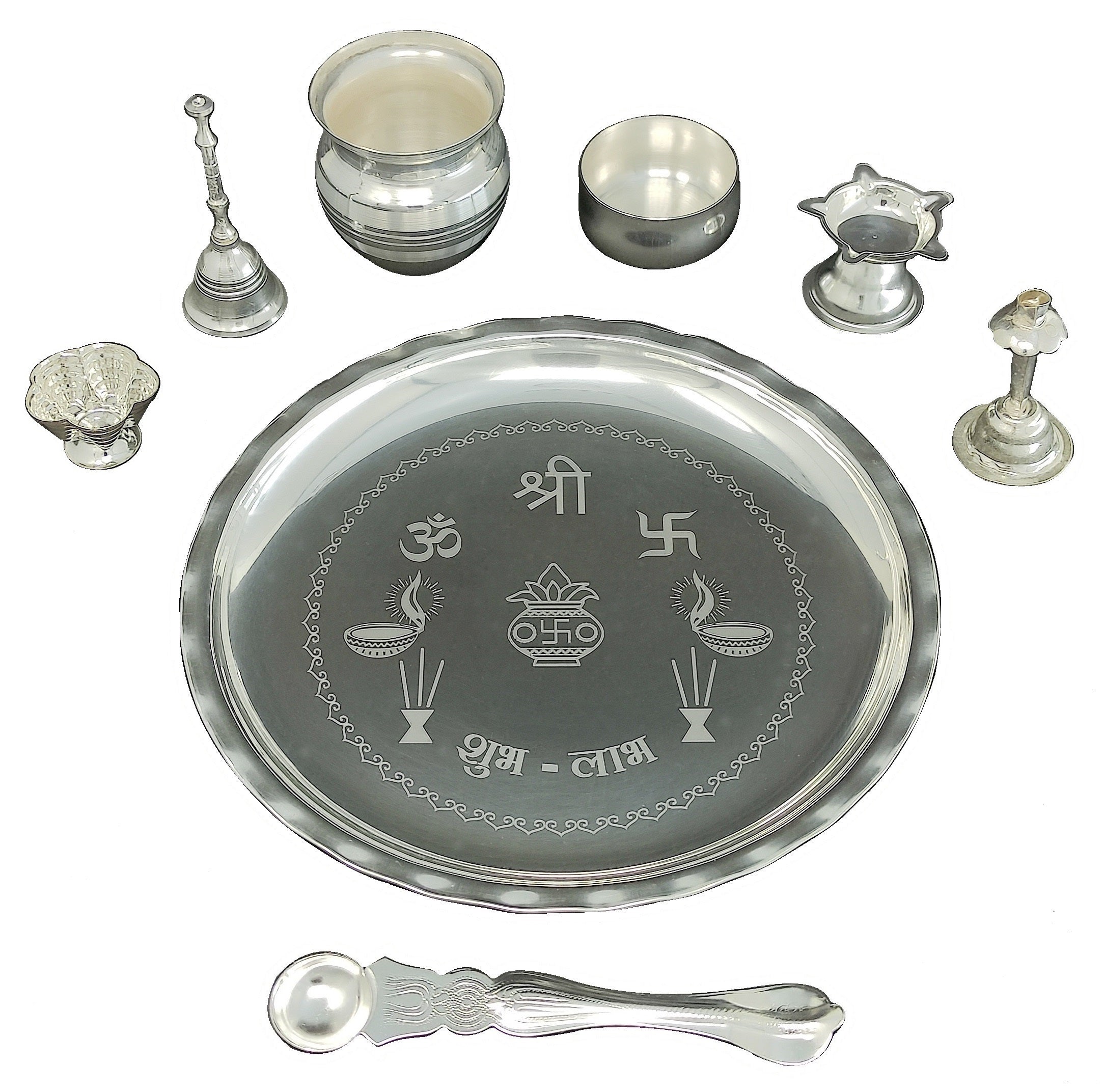 Bengalen Silver Plated Pooja thali Set 08 Inch Festival Ethnic Puja Thali Items for Home, Office, Mandir, Weeding Gift