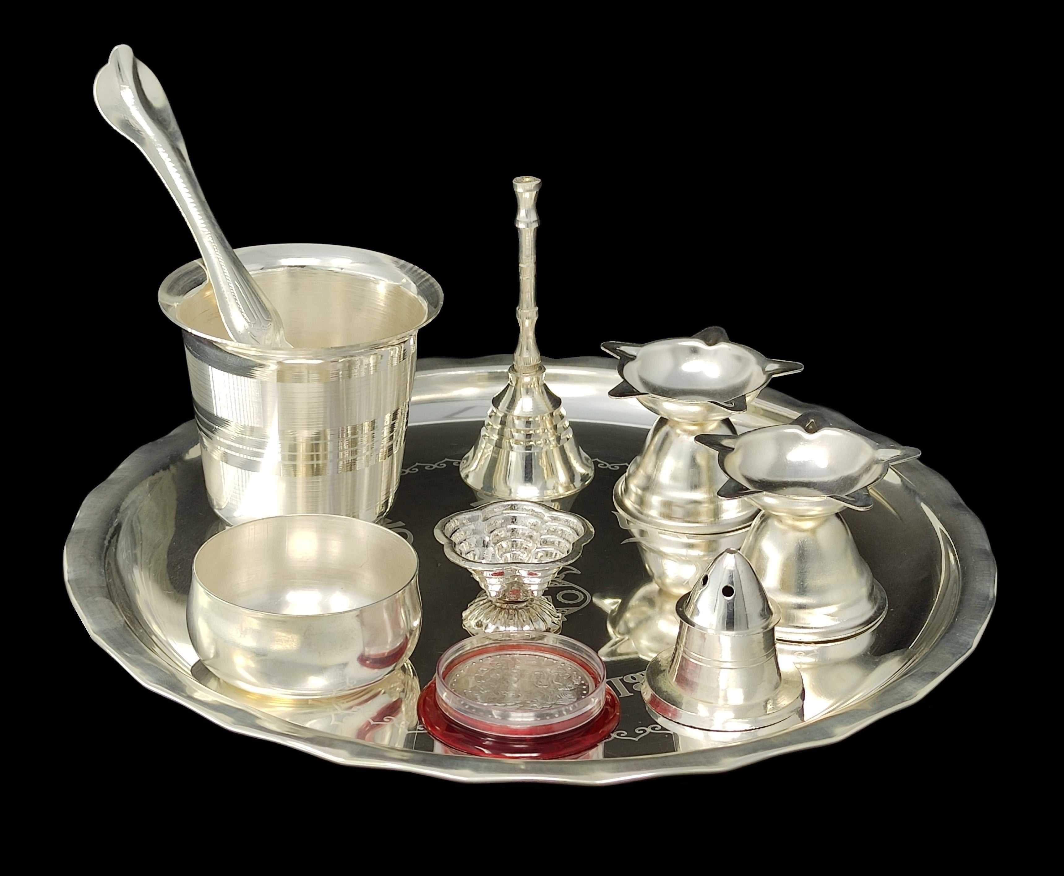 BENGALEN Silver Plated Pooja thali Set 8 Inch Plate Coin Glass Bowl Spoon Ghanti Diya Agarbatti Stand Puja Thali Decorative for Diwali Daily Home Mandir Office Wedding Return Gift Items