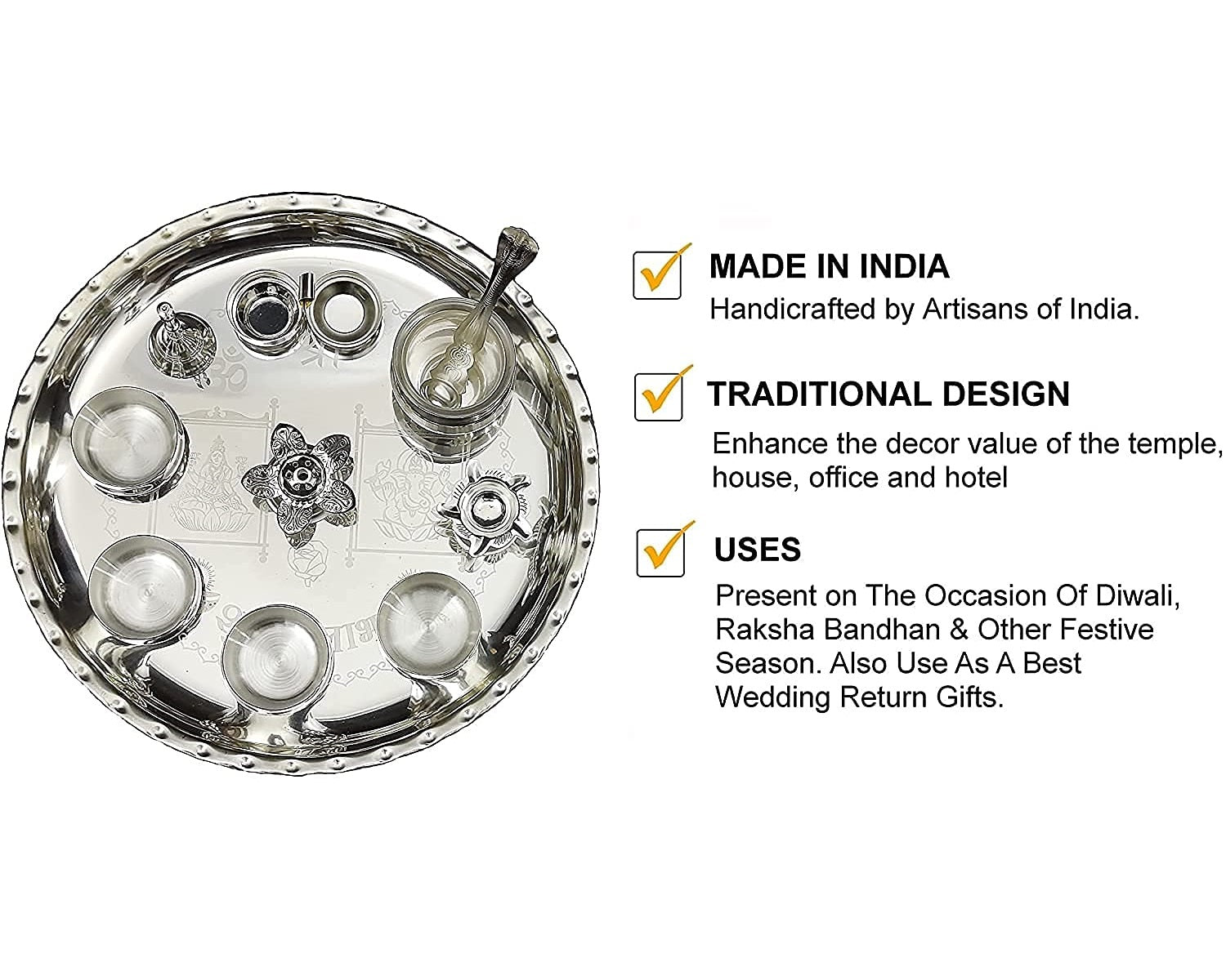 Bengalen Premium Silver Plated Pooja thali Set 12 Inch Festival Ethnic Puja Thali for Diwali, Home, Temple, Office, Wedding Gift