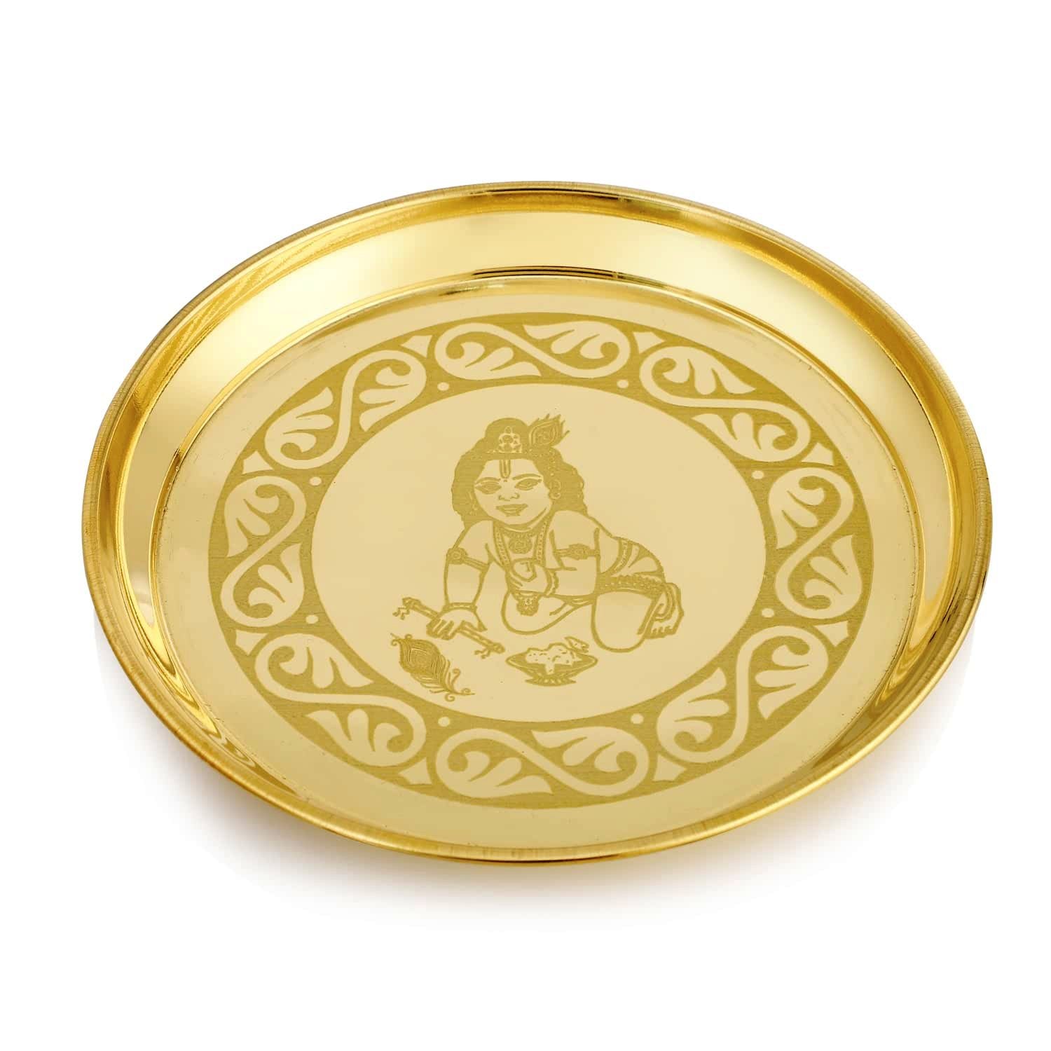 Bengalen Brass Pooja Bhog thali Set 7 Inch With Red Velvet Gift Box Festival Kanha Krishna Thali Puja Set for Diwali Home Office Mandir Wedding Return Gift Items
