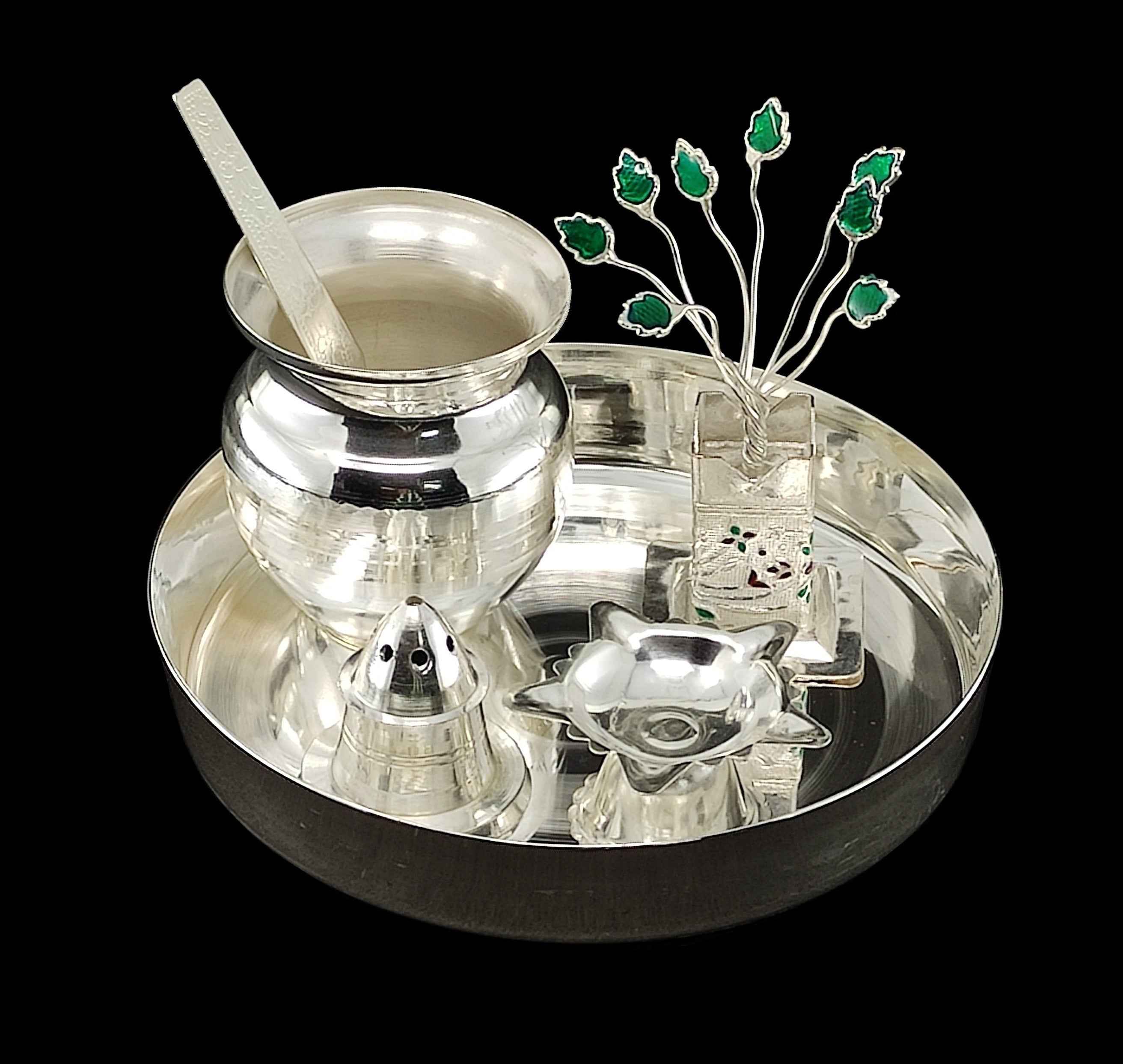 BENGALEN Silver Plated Pooja Thali Set 5 Inch Plate Agarbatti Stand Kalash Spoon Diya Tulsi Idol Premium Puja Decorative for Home Office Wedding Return Gift Items