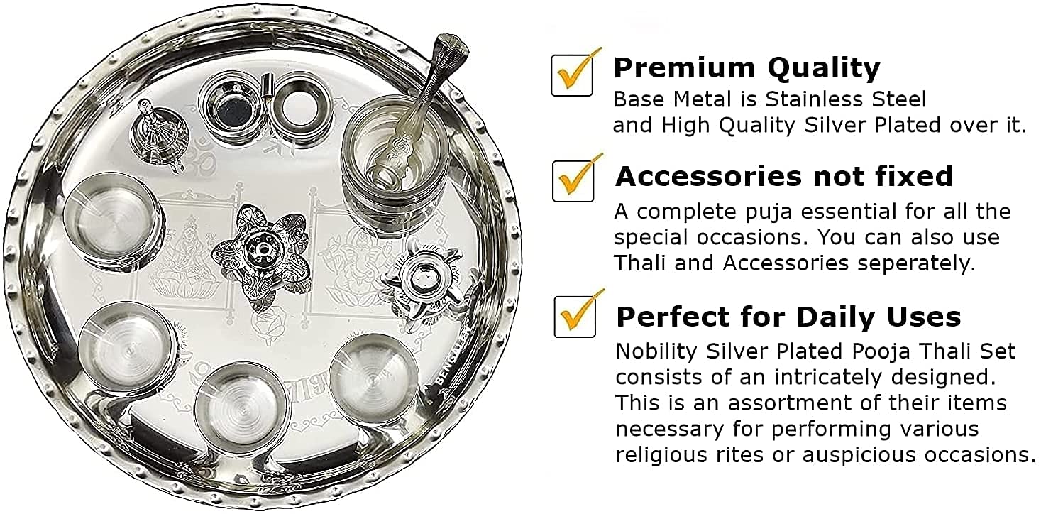 Bengalen Premium Silver Plated Pooja thali Set 12 Inch Festival Ethnic Puja Thali for Diwali, Home, Temple, Office, Wedding Gift