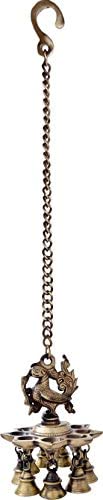 Bengalen Premium Antique Peacock Deepak with Bells and Chain Brass Hanging Diya