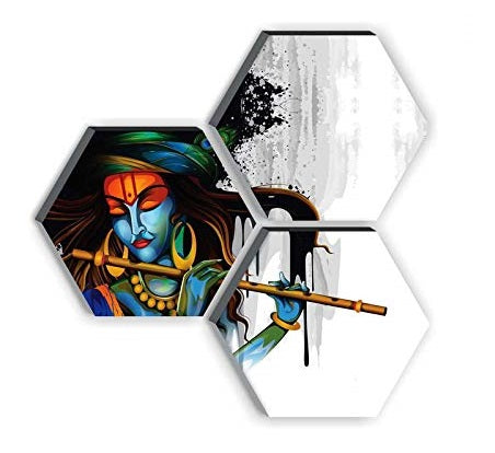 Nobility Set of 3 Hexagon Krishna 6MM MDF Painting UV Textured Home Decorative Wall Art Showpiece Figurine Idol Statue