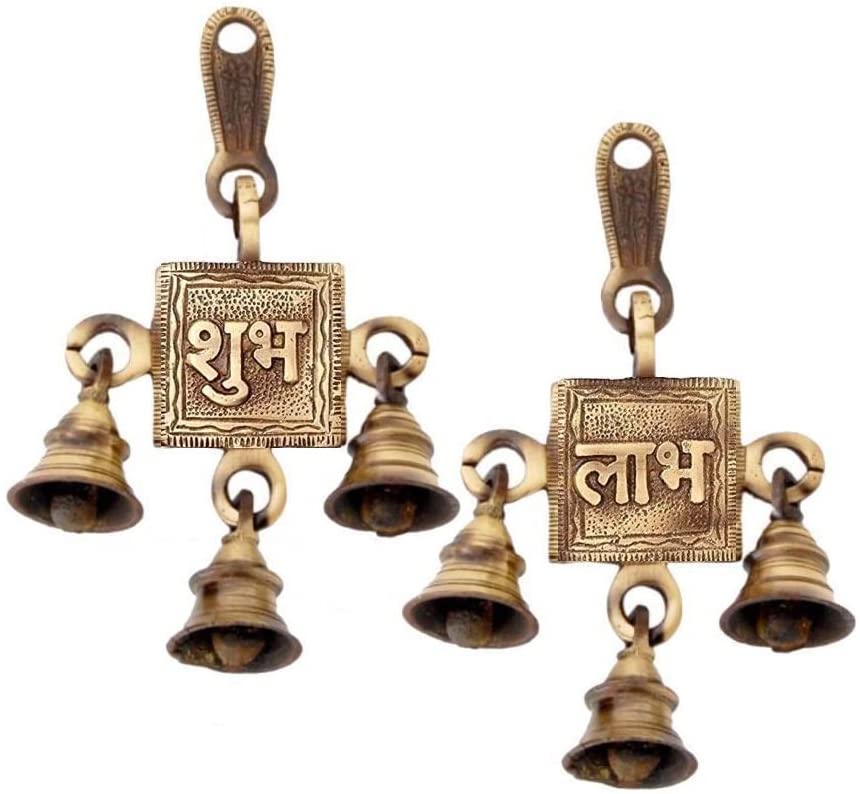 Bengalen Brass Subh Labh Bells Wall Hanging Idol Decorative Showpiece Antique Finish Wall Art Decor Statue
