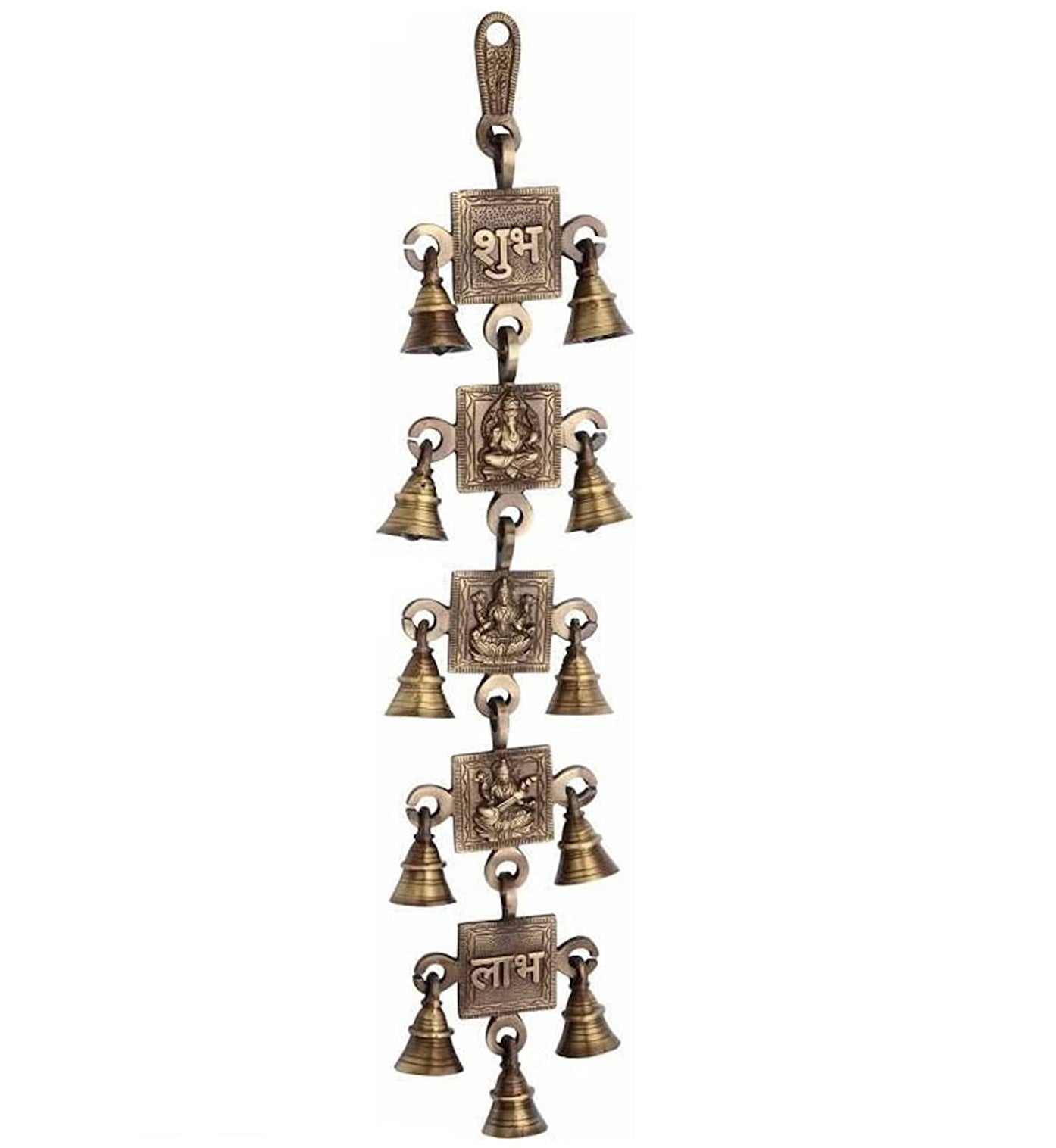Bengalen Brass Subh Labh Ganesha Lakshmi Saraswati Bells Wall Hanging Idol Decorative Showpiece Antique Finish Wall Art Decor Statue