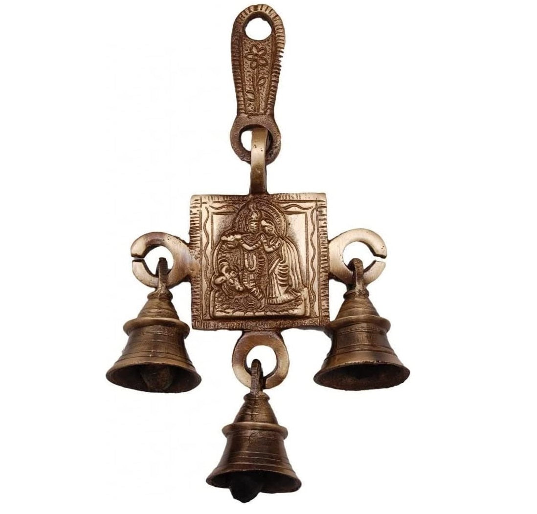 Bengalen Brass Radha Krishna Bells Wall Hanging Idol Decorative Showpiece Antique Finish Wall Decor Statue