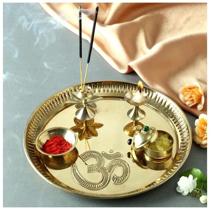 Bengalen Brass Pooja thali Set 8 Inch Festival Ethnic Puja Thali for Diwali Home Office Mandir Wedding Return Gift Items
