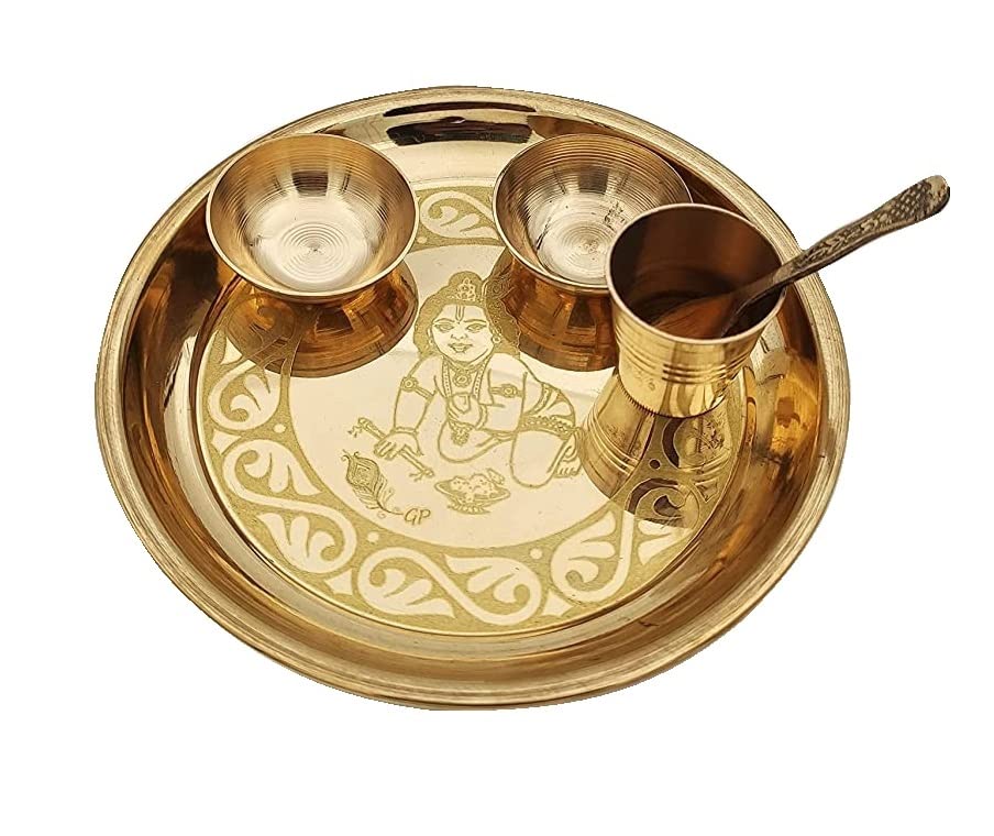 Bengalen Laddu Gopal Brass Pooja Bhog thali Set Janmashtami Decoration Item Festival Puja Bhog Thali Set for Home Office Mandir Return Gift Items, Medium 5 inch