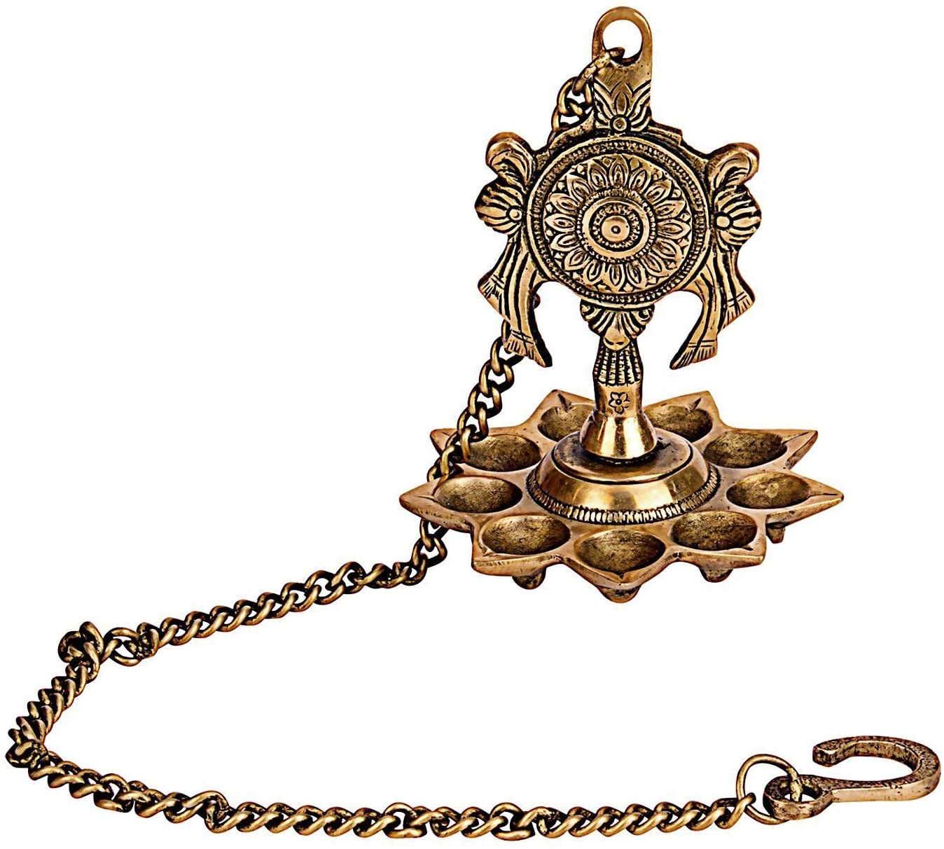 Bengalen Traditional Design Brass Hanging Diya Set with 9 Diya Slots
